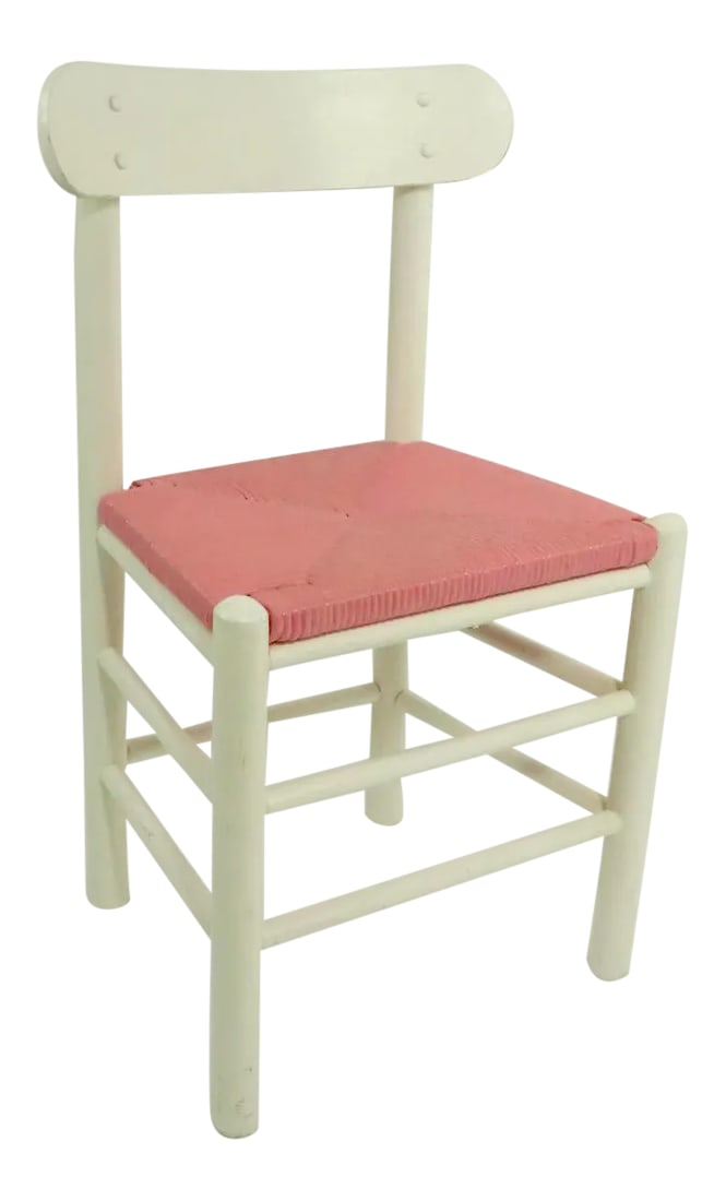 Shabby Boho Chic Rush Seat Ladder Back Chair With Bubblegum Pink Seat: Chic and playful ladder back white in white pint finish, with rush seat in bubblegum pink paint finish. Well constructed, solid and sturdy, clean and ready to use, perfect accent, side, or slipper