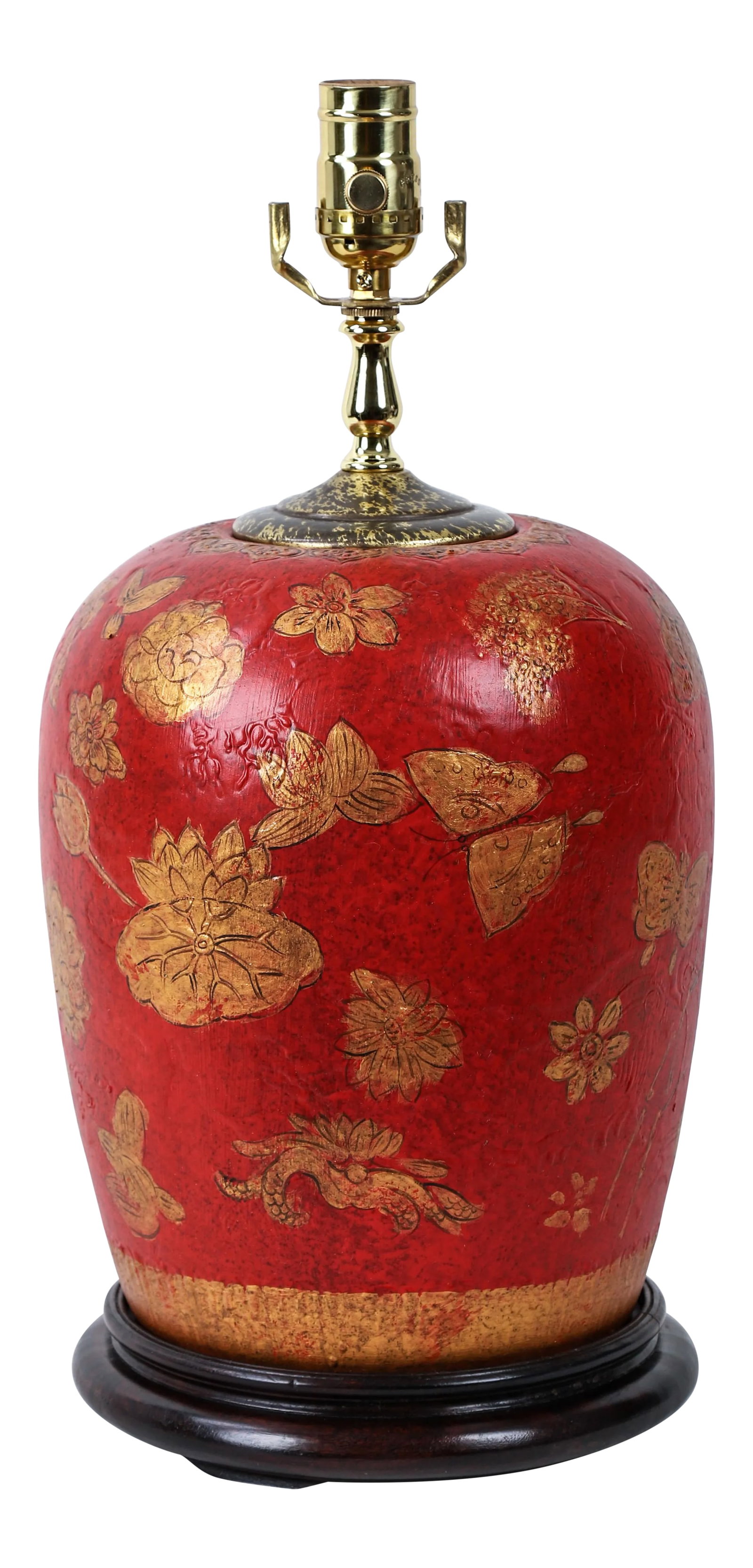Red Hand Painted Flower Table Lamp: Red Hand Painted Flower Table Lamp. Hand-painted golden lotus flowers on a red background has a very good decorative effect. Condition: Alterations: Original Condition Unaltered Imperfections: Some