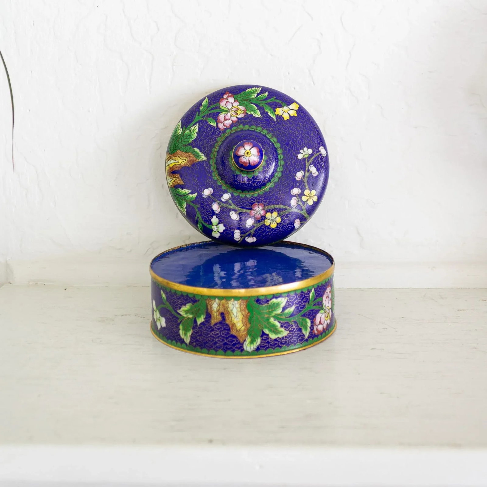 Blue and Polychrome Prunus Blossom Cloisonné Jewelry Catchall - 3