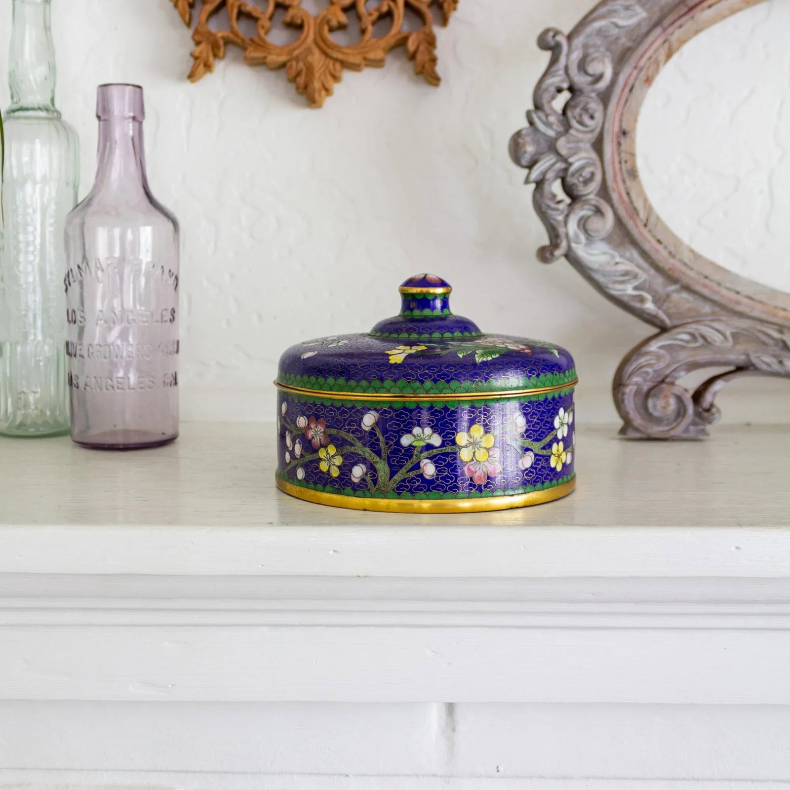 Blue and Polychrome Prunus Blossom Cloisonné Jewelry Catchall - 5