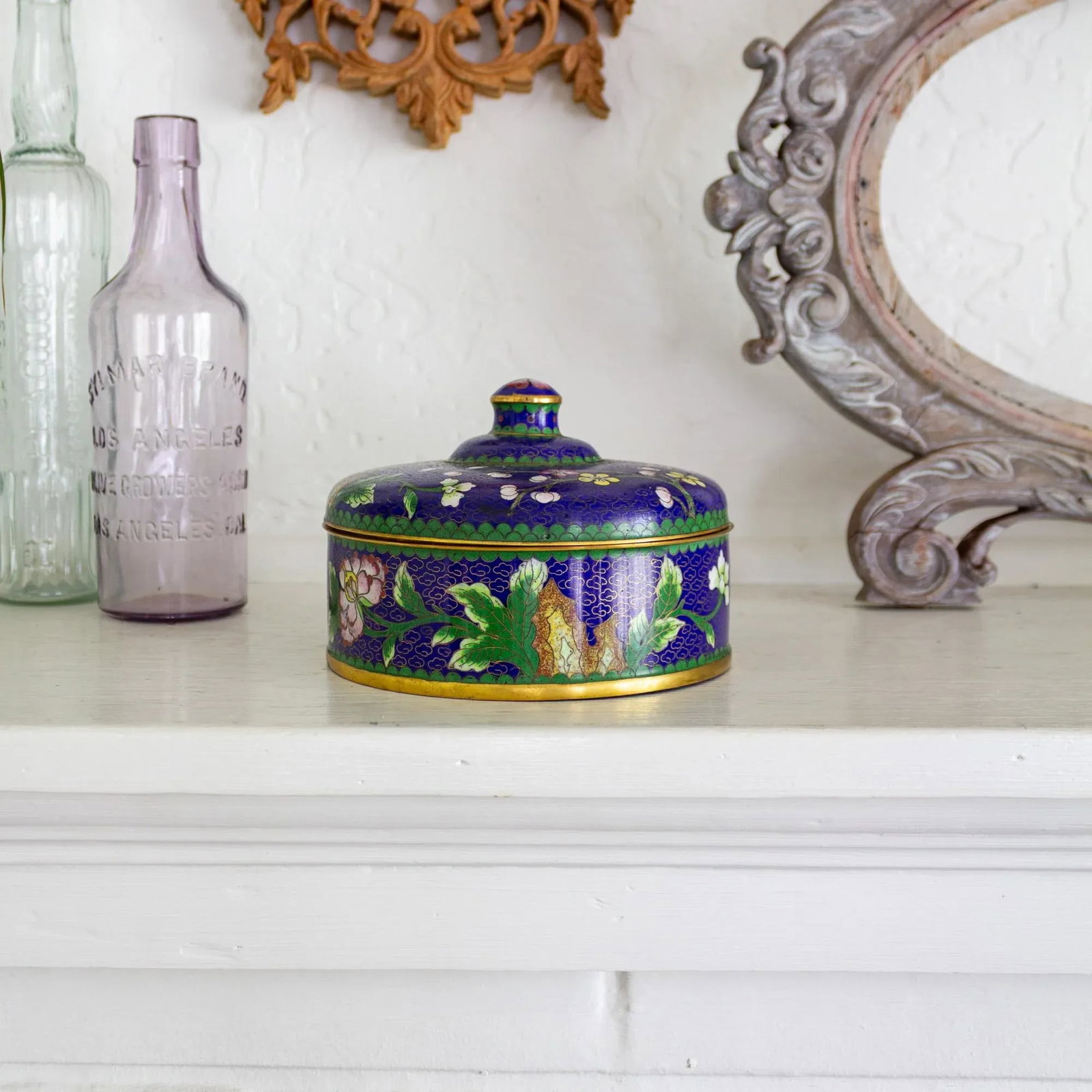 Blue and Polychrome Prunus Blossom Cloisonné Jewelry Catchall - 8