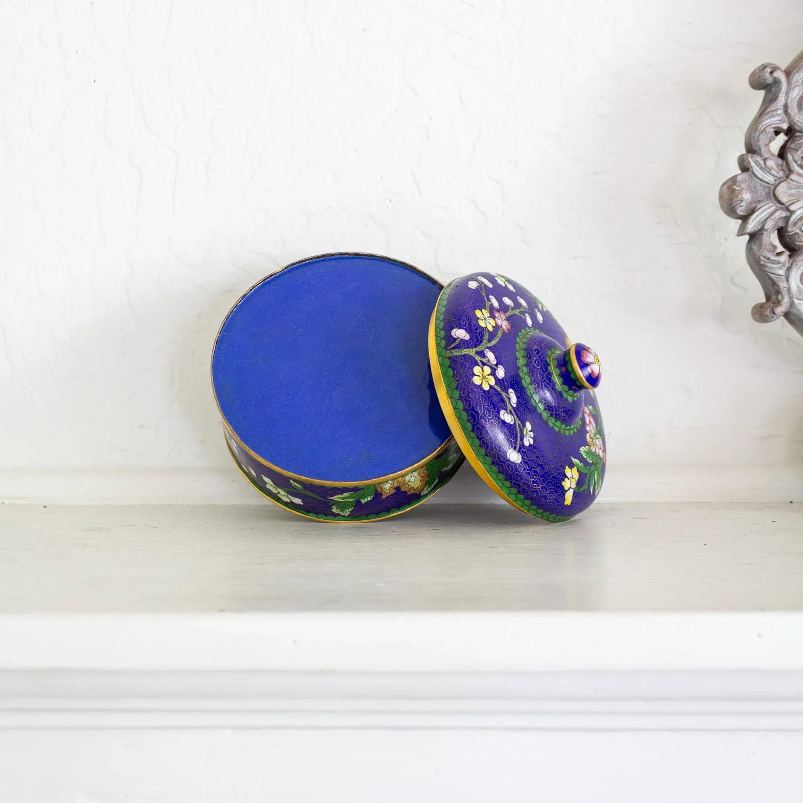 Blue and Polychrome Prunus Blossom Cloisonné Jewelry Catchall - 9
