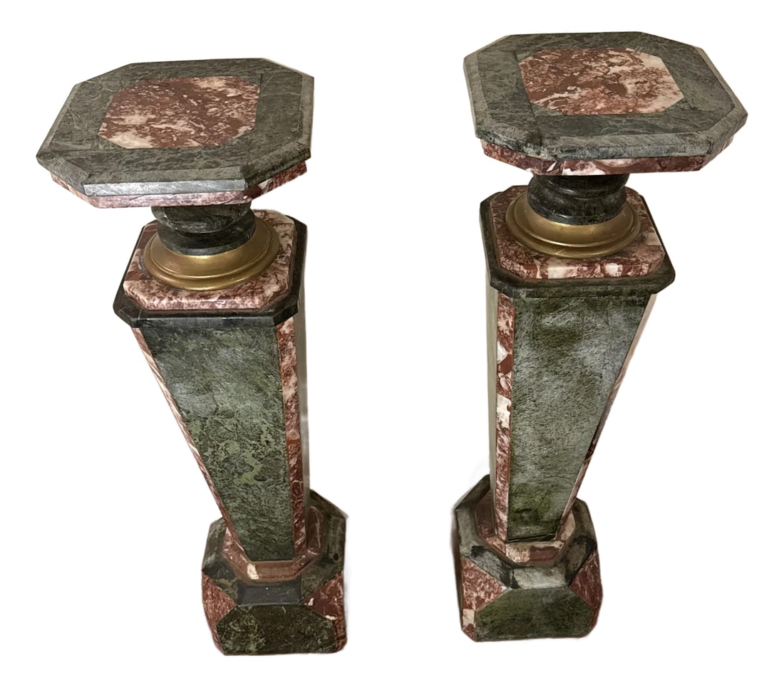 Late 19th Century Monumental Neoclassical Style Ornate Marble Pedestal ~ a Pair: • Rich green and red marble with natural veining • Octagonal tops and bases for a classical silhouette "• Brass accents beneath the top platforms "• Solid and heavy