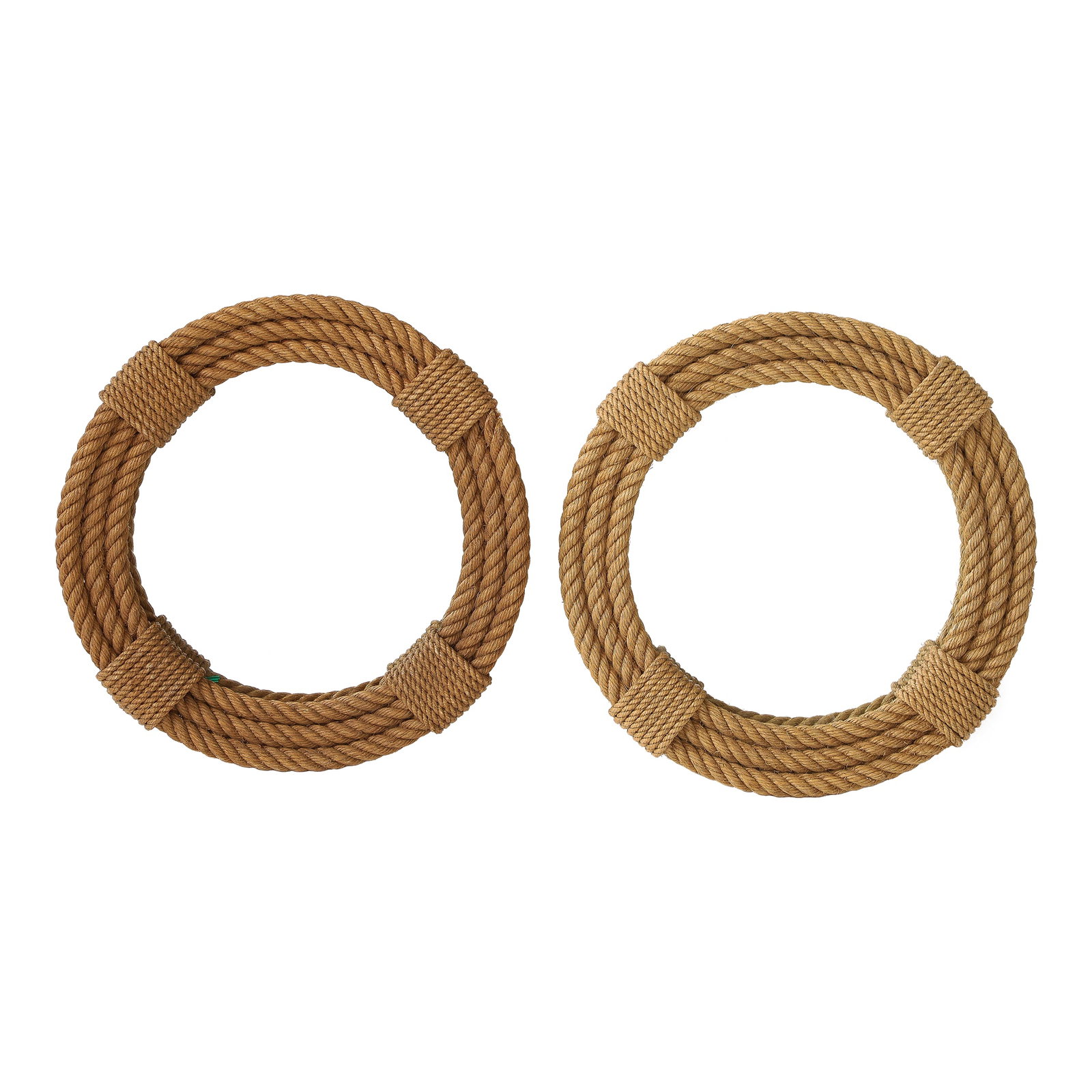 Pair of Audoux Minet Round Wall Rope Mirrors, France 1960s: French Riviera icon designers duo Adrien Audoux & Frida Minet pair of rope wall mirrors. Slight difference in rope tone. 1 inch diameter difference. Diam. 14" x D. 2" Condition: Alterations: Original