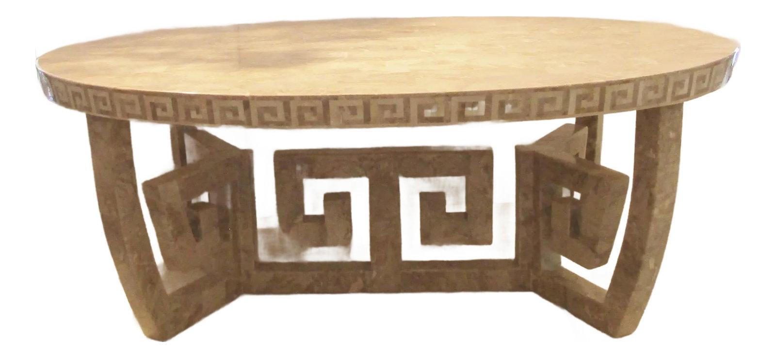 Rare 1970s Oval Tessellated Stone Greek Key Design Coffee Table Attr. Maitland-Smith: Elevate your living space with the sophistication of 1970s design embodied in this large oval coffee table. Attributed to Maitland Smith, it features a striking tessellated stone top with an elegant G