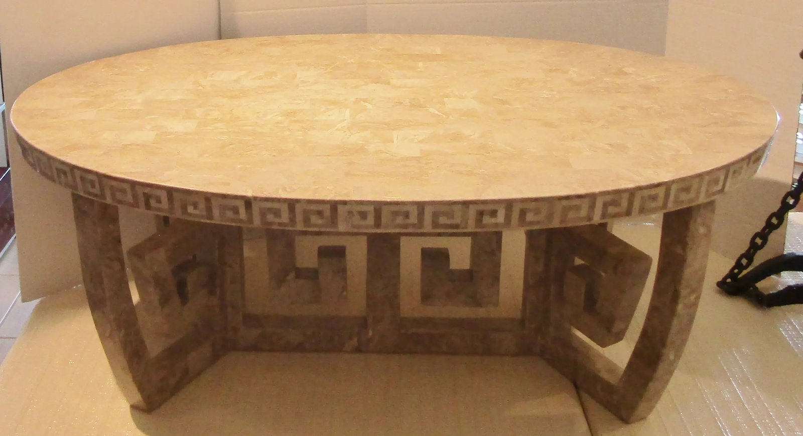Rare 1970s Oval Tessellated Stone Greek Key Design Coffee Table Attr. Maitland-Smith - 3