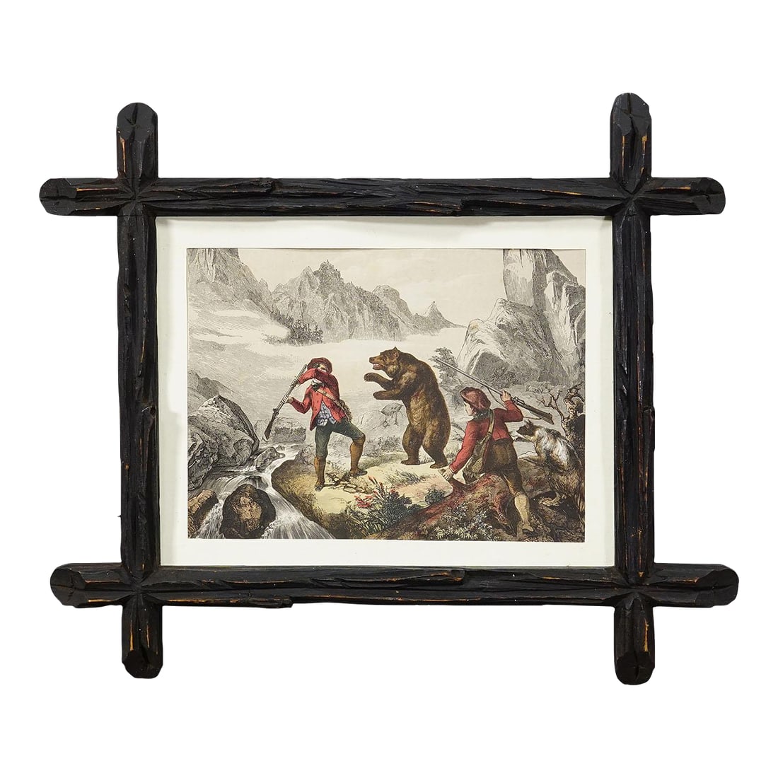 Antique Lithography Print Depicting a Bear Hunt 19th Century: Antique Lithography Print depicting a Bear Hunt 19th Century An antique lithograph depicting a bear hunt. A colorful print from the middle of the 19th century. The artwork is framed behind glass in a