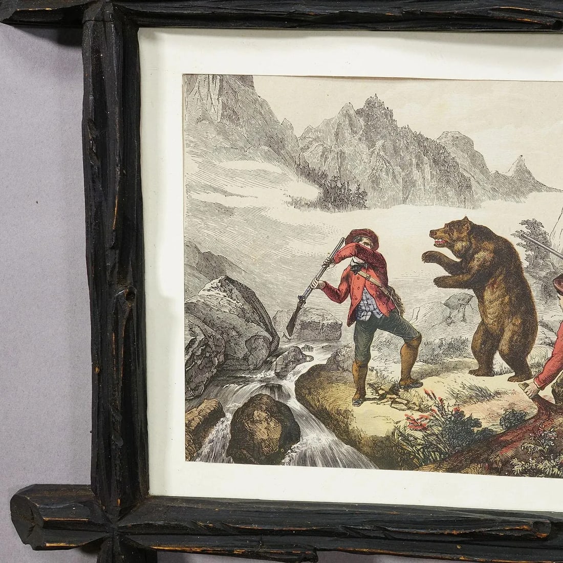 Antique Lithography Print Depicting a Bear Hunt 19th Century - 2