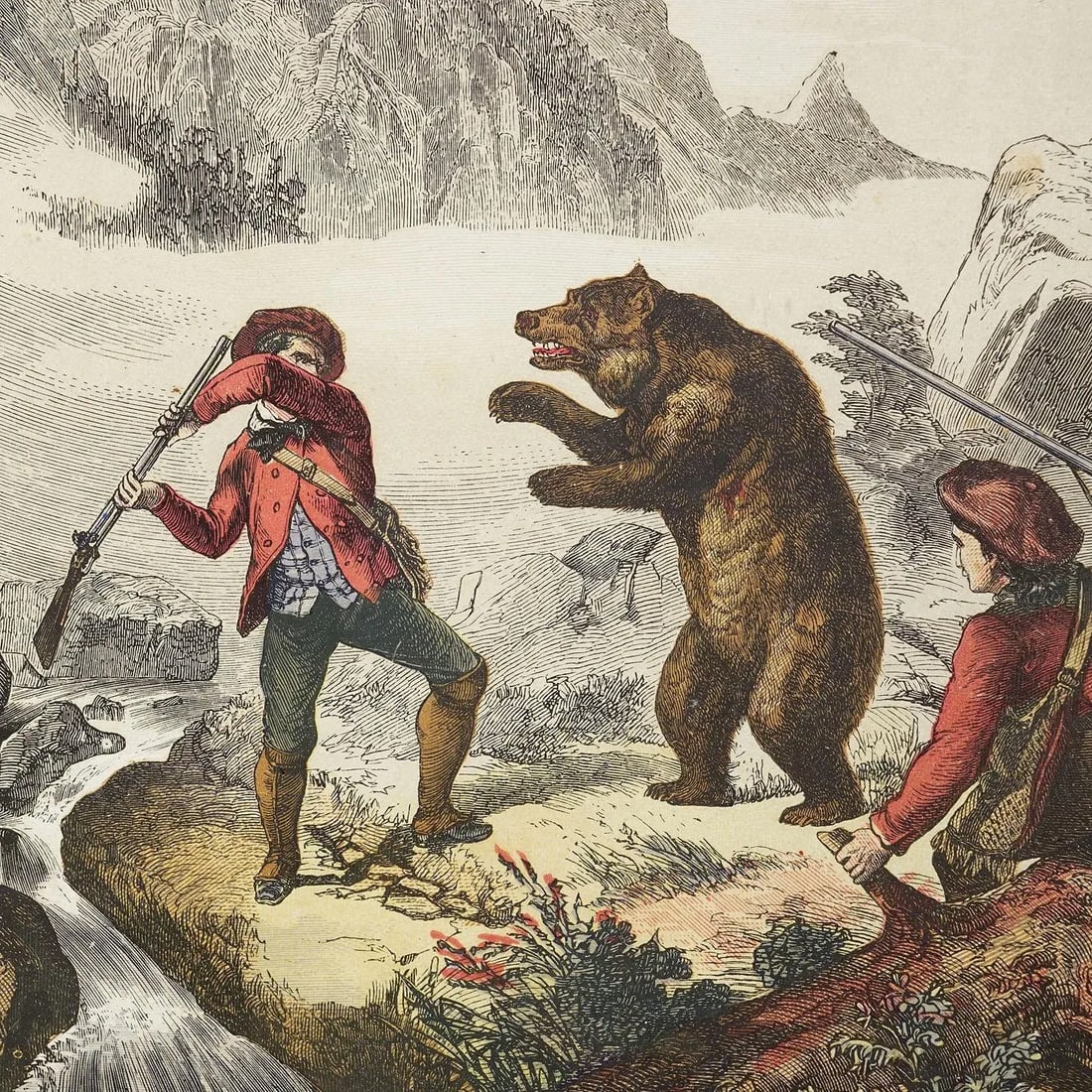 Antique Lithography Print Depicting a Bear Hunt 19th Century - 3
