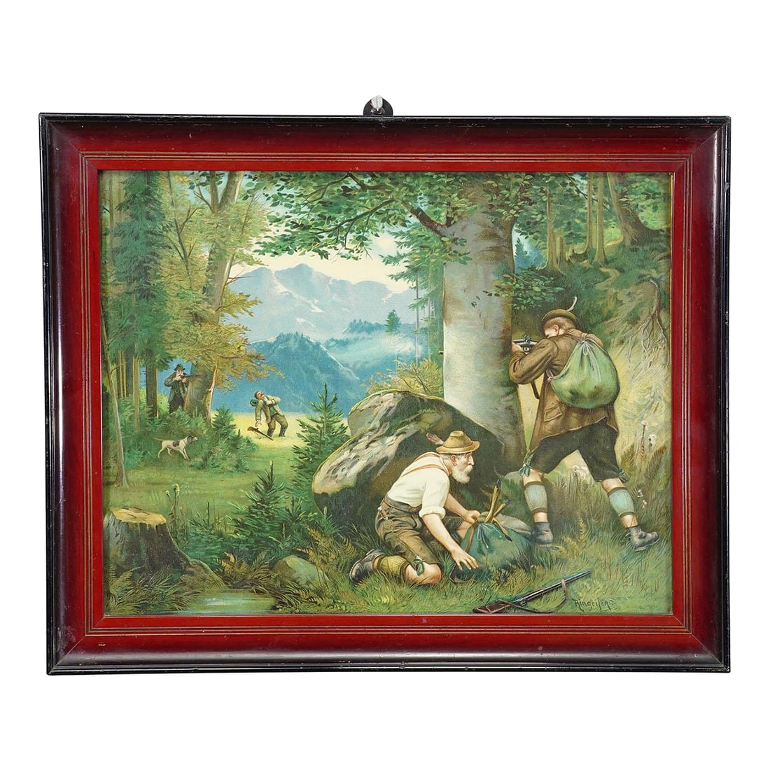 Antique Oil Print With Black Forest Poacher Scene After Josef Ringeisen: Antique Oil Print with Black Forest Poacher Scene after Josef Ringeisen A colorful oil print depicting a dramatic poaching scenery in the Bavarian forest. Two poachers are caught in the act by the