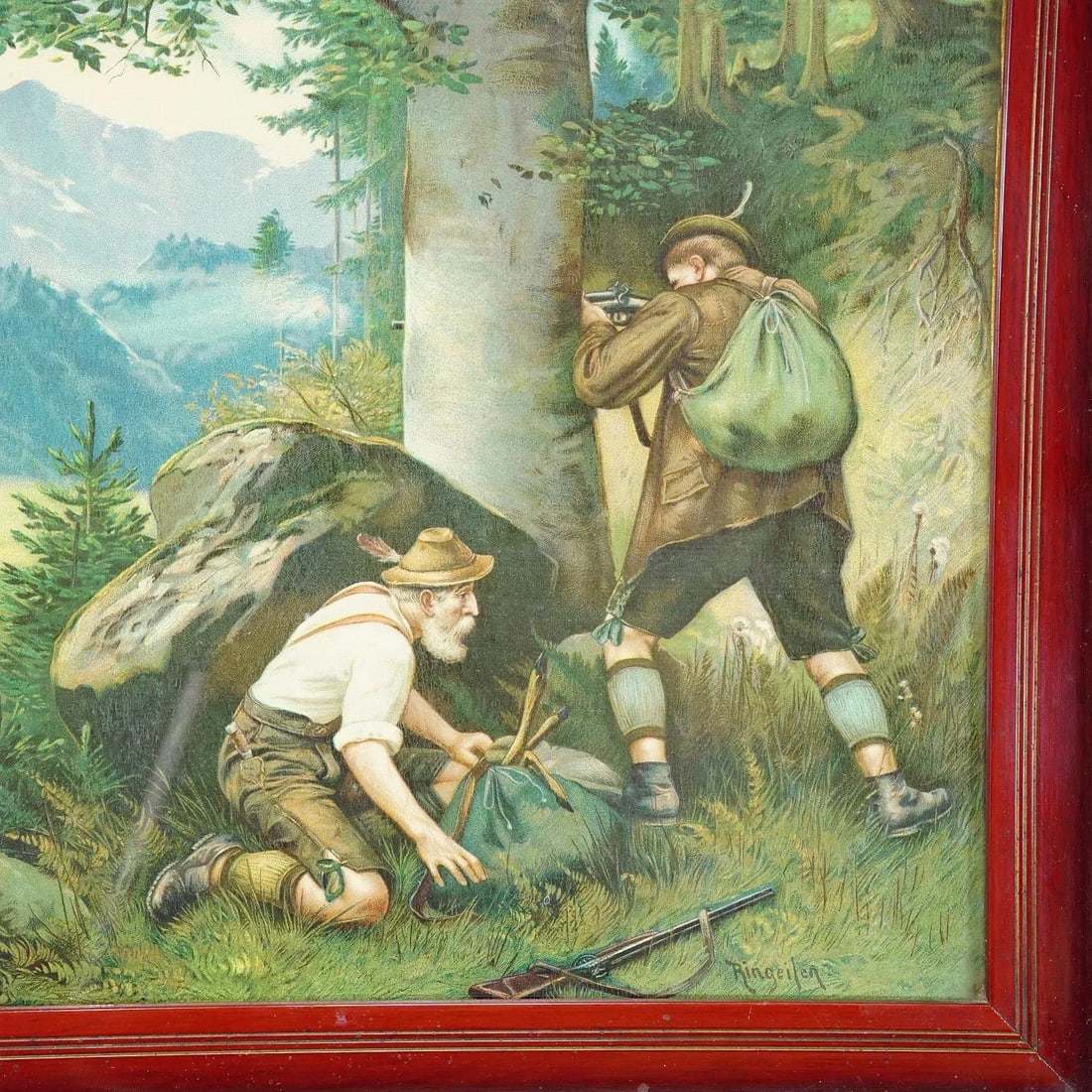 Antique Oil Print With Black Forest Poacher Scene After Josef Ringeisen - 2