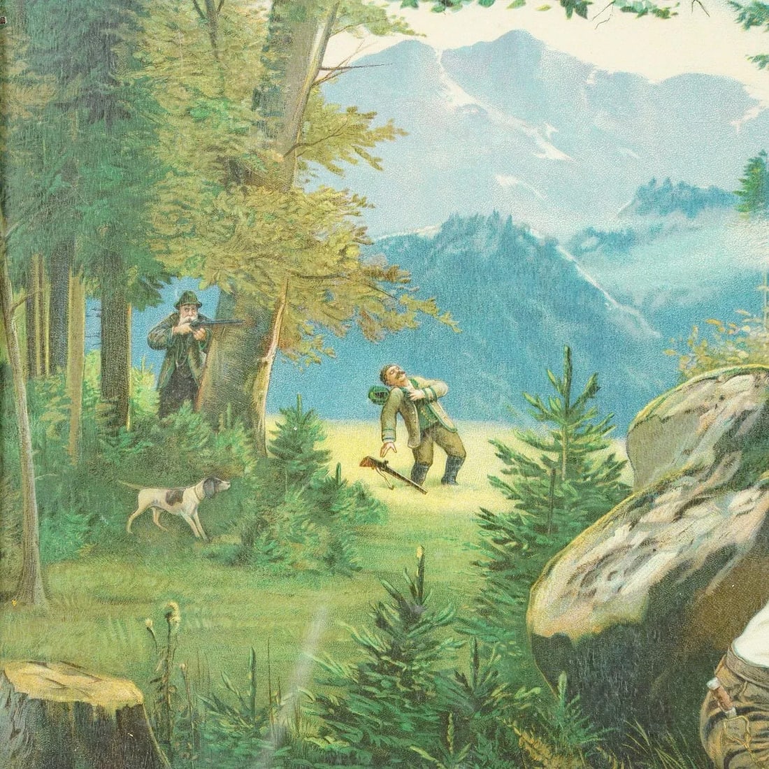 Antique Oil Print With Black Forest Poacher Scene After Josef Ringeisen - 3