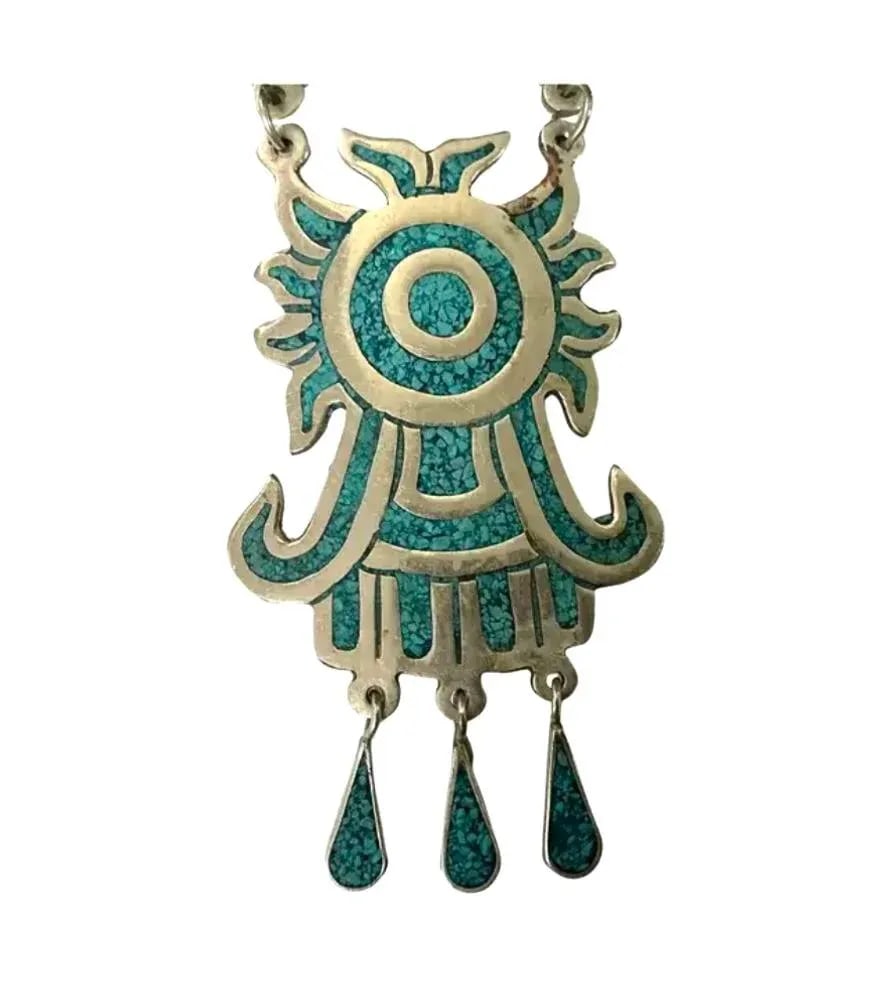 Mexican Alpaca Silver and Turquoise Inlay Necklace - 2