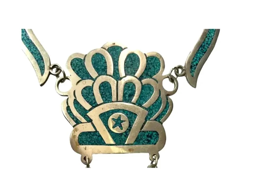 Mexican Alpaca Silver and Turquoise Inlay Necklace - 3