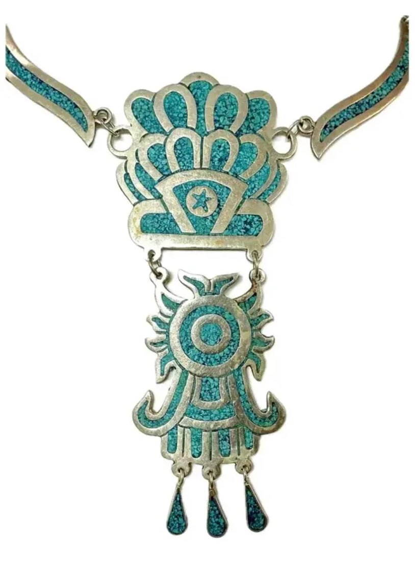 Mexican Alpaca Silver and Turquoise Inlay Necklace - 4