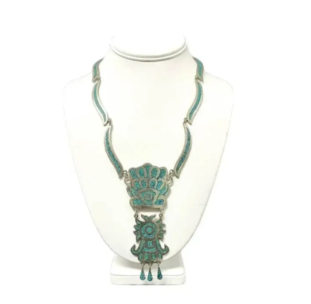 Mexican Alpaca Silver and Turquoise Inlay Necklace - 9