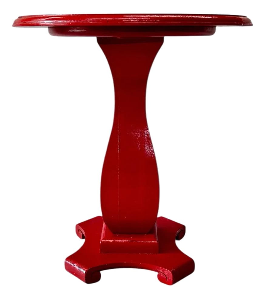 Vintage Oak Painted Red Pedestal Drink Table Side Table: Vintage oak painted red pedestal drink side table. Has some imperfections in paint from normal wear, age and use. Measures 22" diameter x 25.25" h. Would work with a 72 - 72.5" round tablecloth. Lends