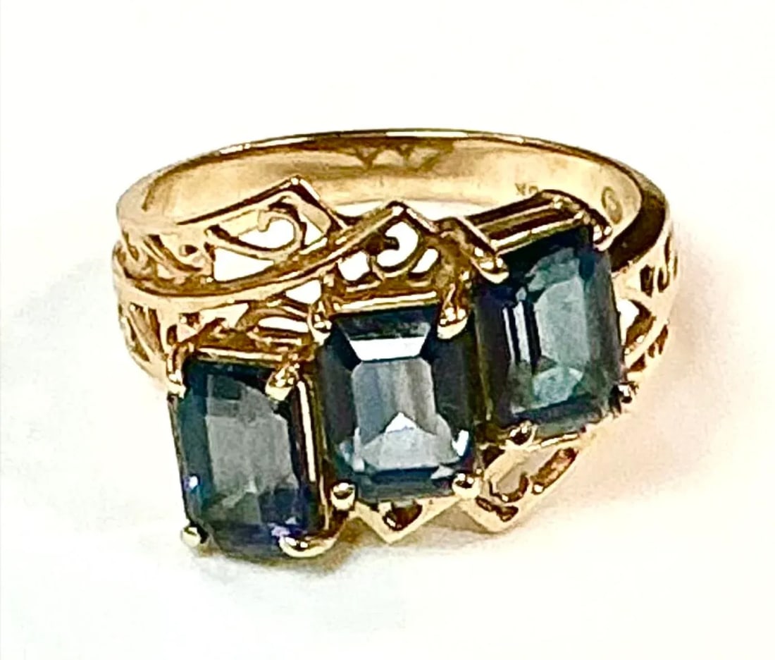 Three Stone Blue Topaz 10k Yellow Gold Ring - 7