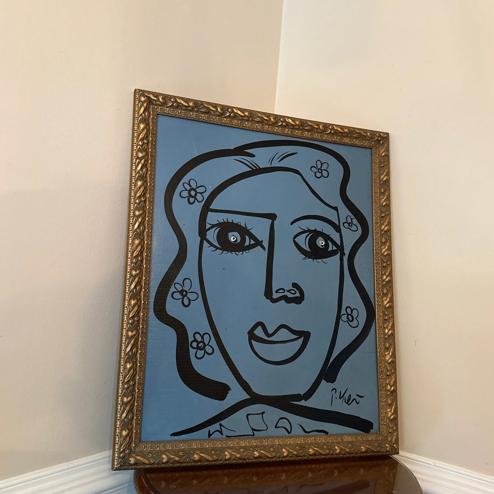 1970s Peter Keil Original Blue Abstract Portrait Painting, Framed - 2