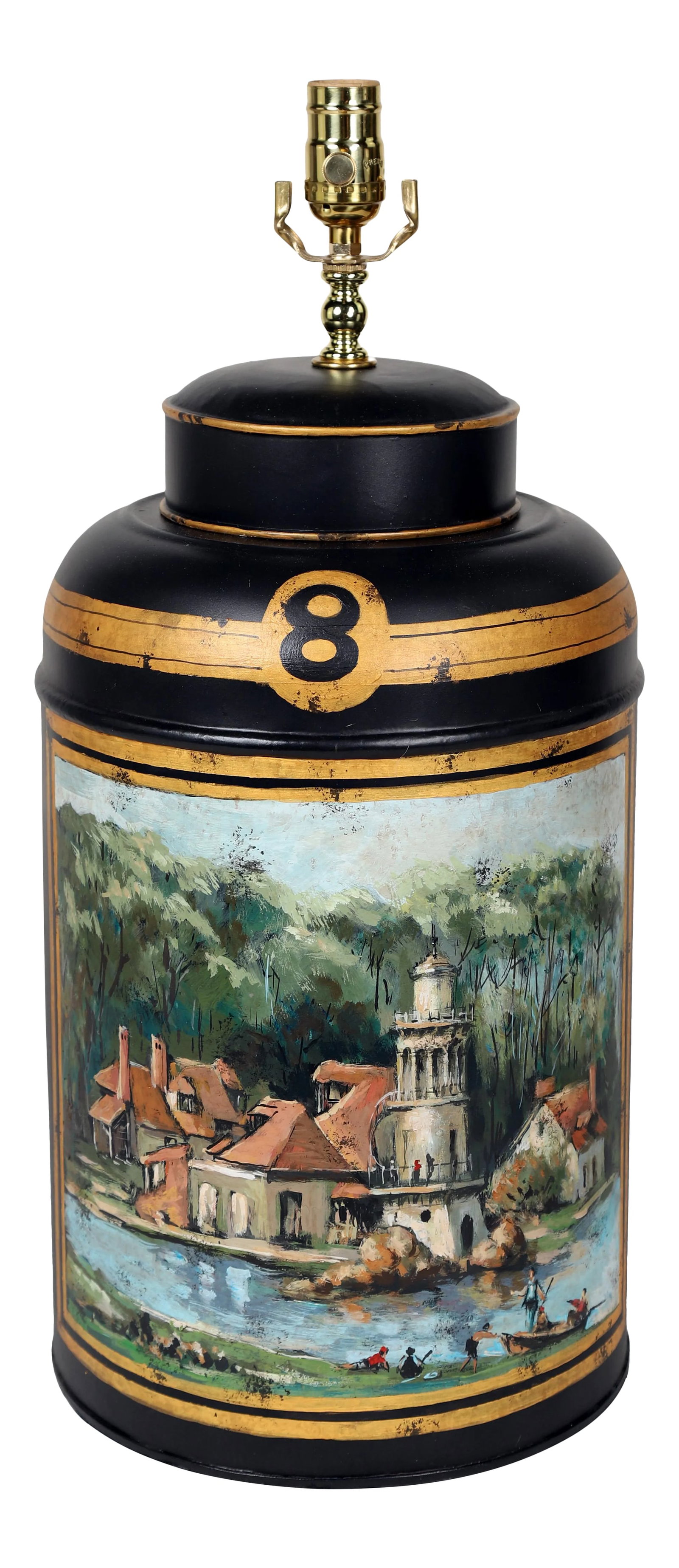 Vintage English Export Hand Painted Tea Caddy Lamp: This picture comes from the watercolor painting of the Hammer River. The artist faithfully restored the original scene. This lamp has a very good decorative effect, and it is the only one, there is