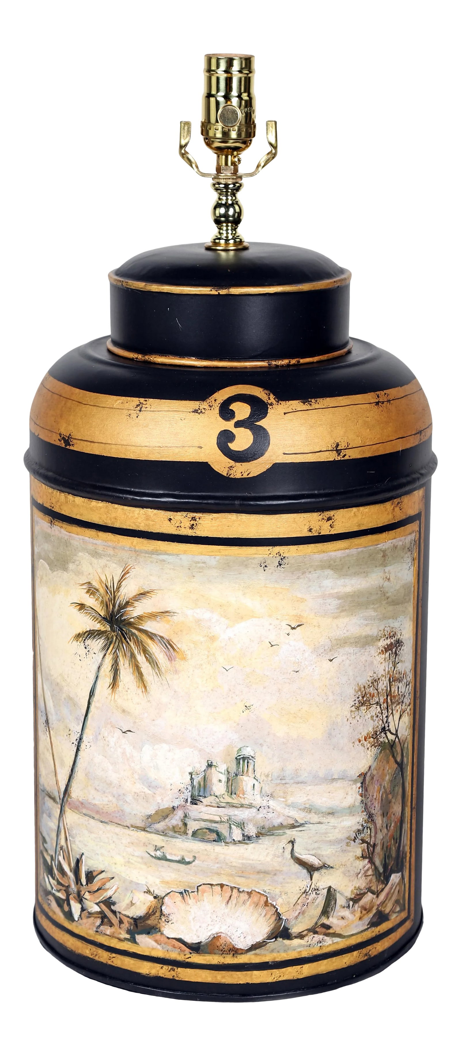 Vintage English Export Hand Painted Tea Caddy Lamp: This hand-painted work inspired from Graham Rust The terracotta landscapes(sketch for mural), Using the terracotta color system to draw a powerful picture with extraordinary decorative effects. If