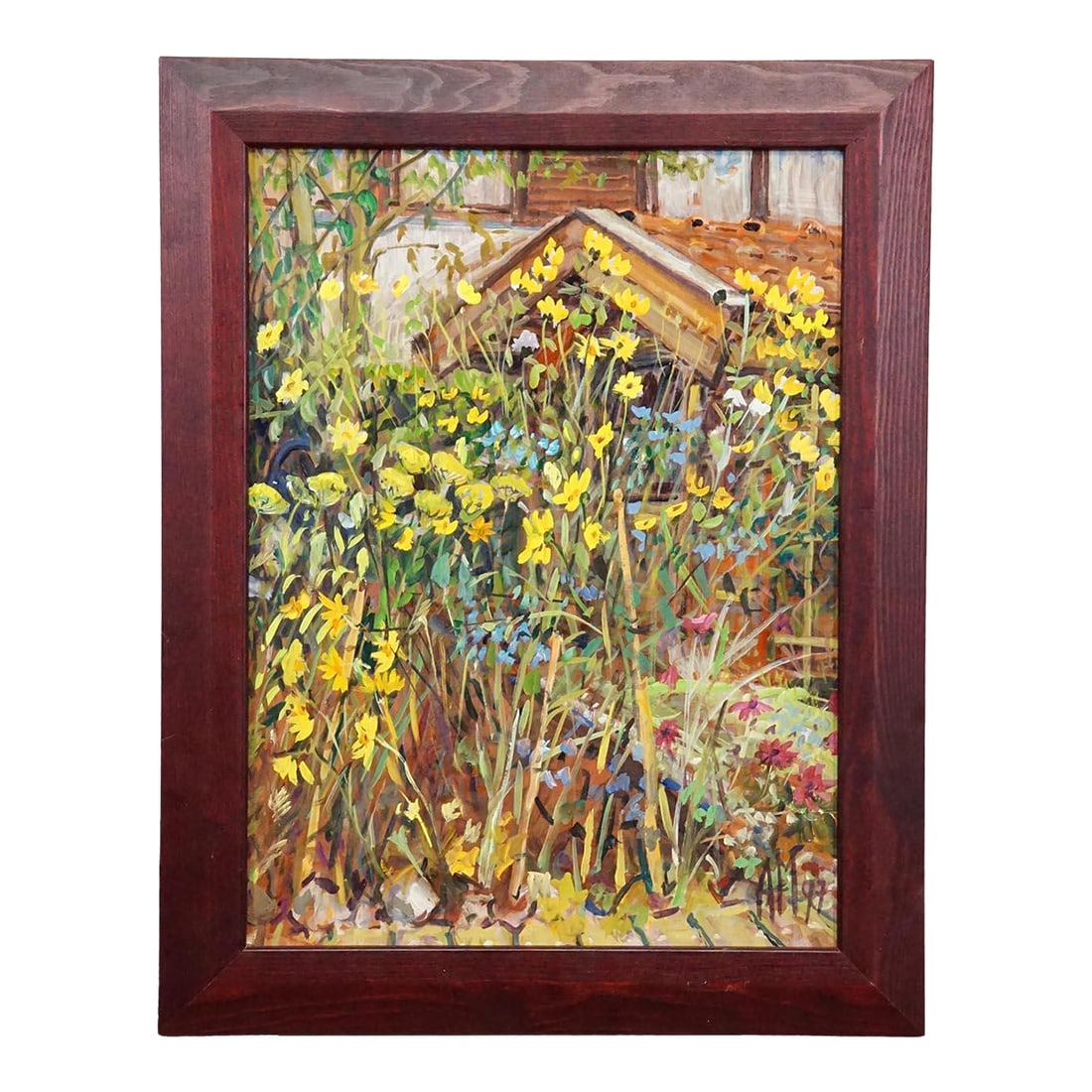 Great Oil Painting of a Garden Scenery, Alexander Michael 1997: Great Oil Painting of a Garden Scenery, Alexander Michael 1997 A framed oil painting depicting a colorful, vibrant garden scene filled with greenery, flowering plants and a garden house in the backgro