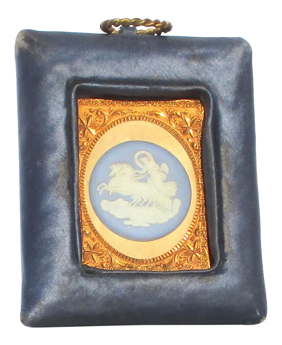 Vintage Wedgwood Charoit in Silk Framed Mounts: Vintage Wedgwood medallion in a gilt photo frame and in a silk-wrapped mount with hanging ring. Beautiful deep blue silk around gold gilt mounts with blue and white Wedgwood cameo. The hanging ring is
