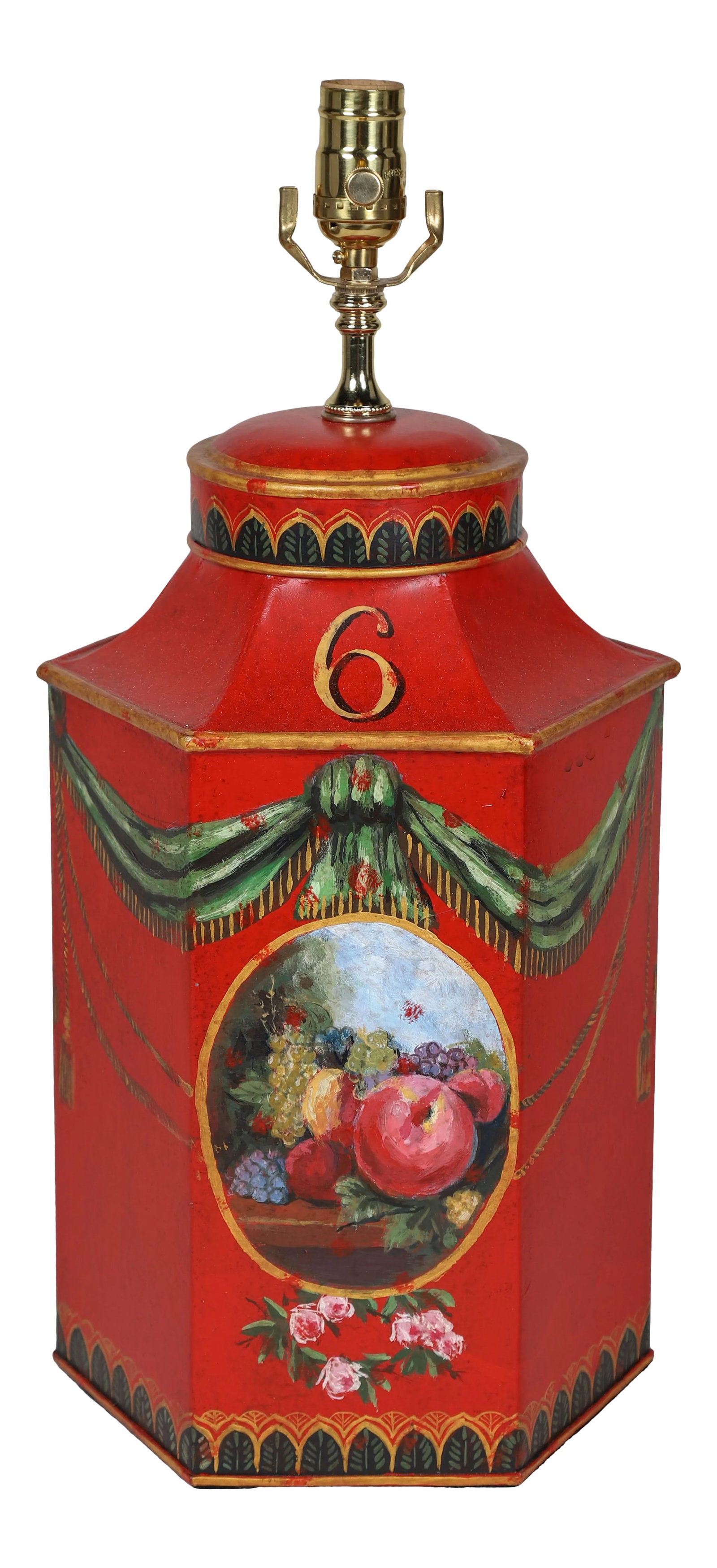 Vintage English Export Hand Painted Ribbon With Fruits Still Life Hexagon Tea Caddy Lamp: Vintage English Export Hand Painted Tea Caddy Lamp.The picture is a group of fruit still life under the curtain, which has a very good decorative effect. The number 6 indicates the tea model at that t