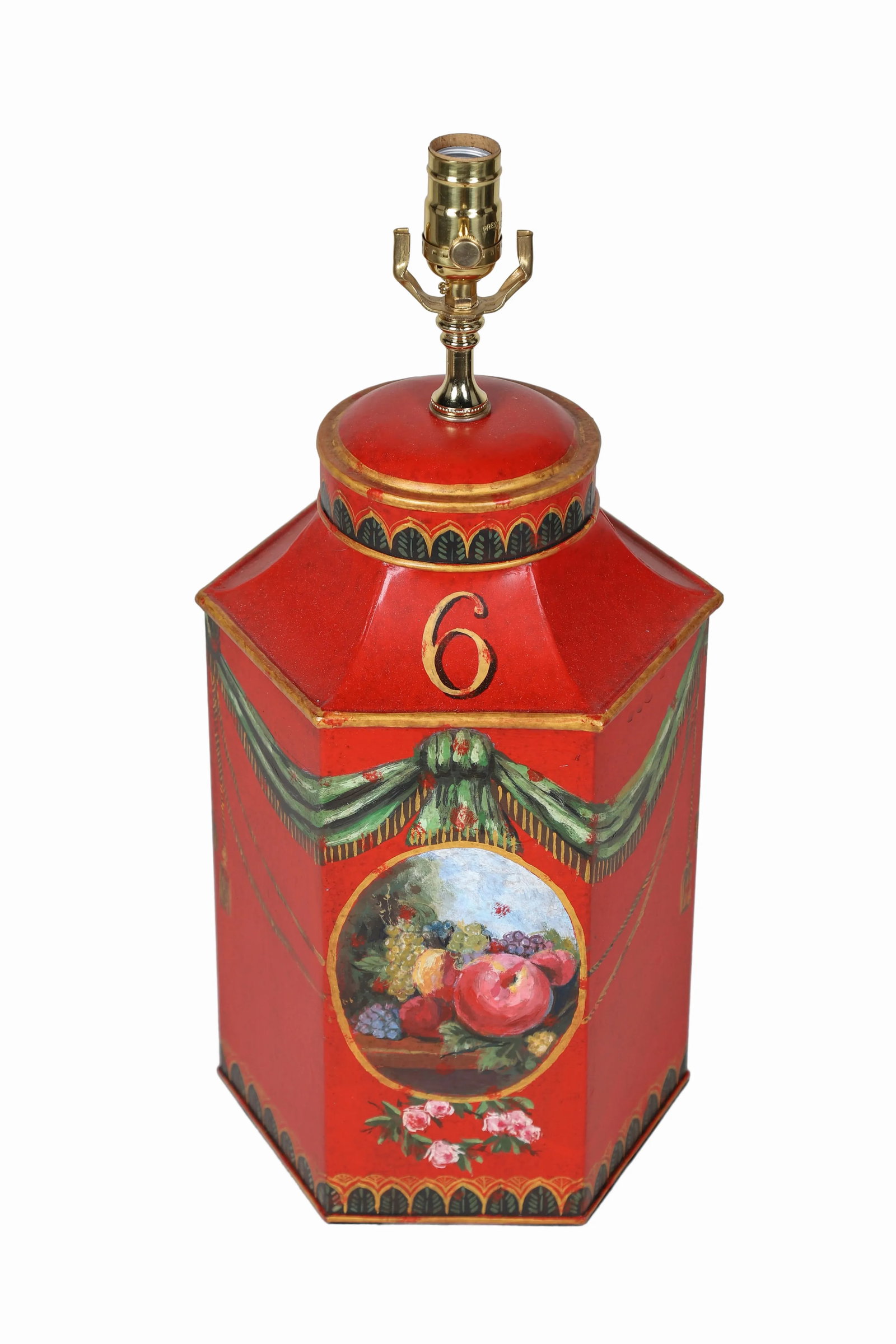 Vintage English Export Hand Painted Ribbon With Fruits Still Life Hexagon Tea Caddy Lamp - 2