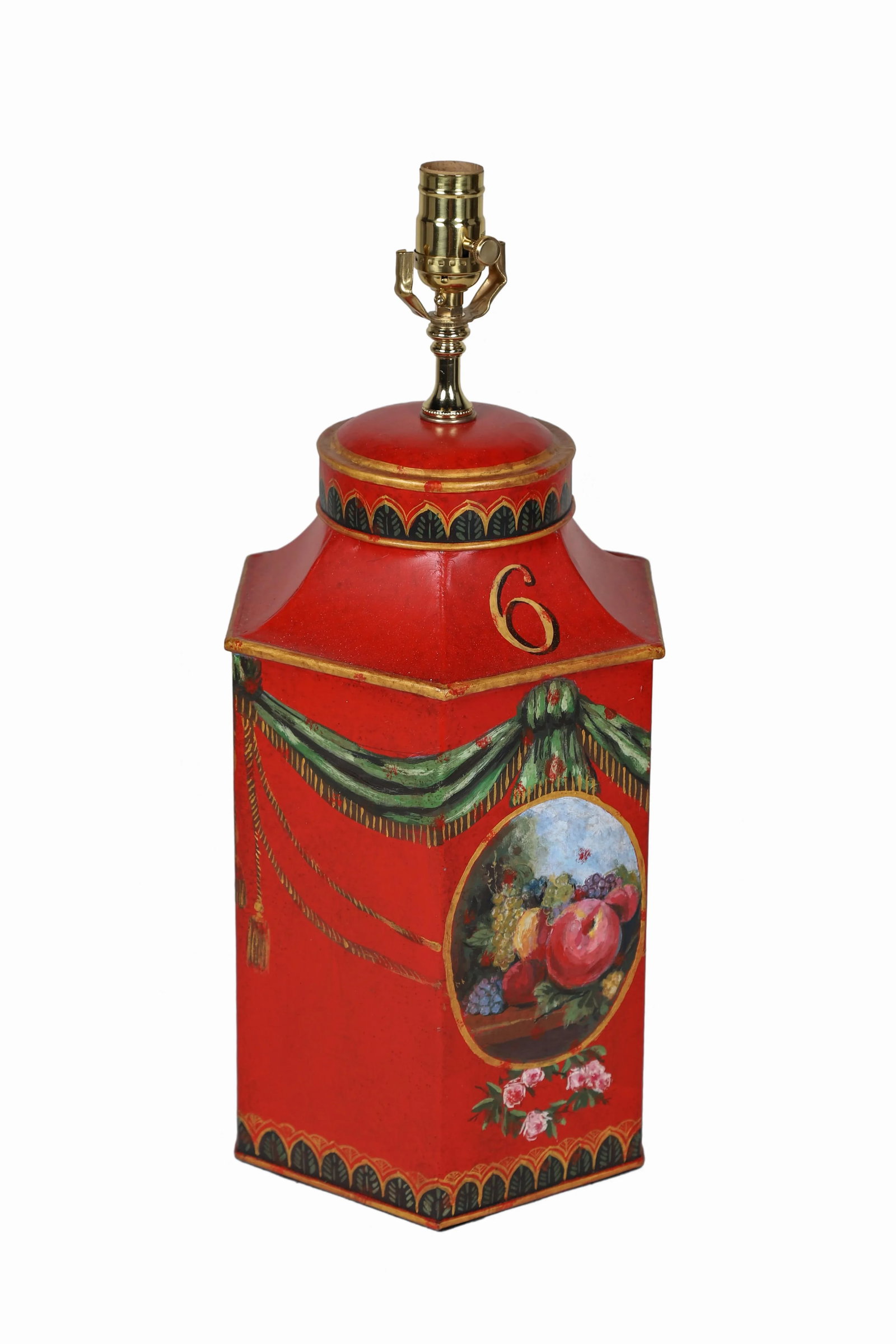 Vintage English Export Hand Painted Ribbon With Fruits Still Life Hexagon Tea Caddy Lamp - 3