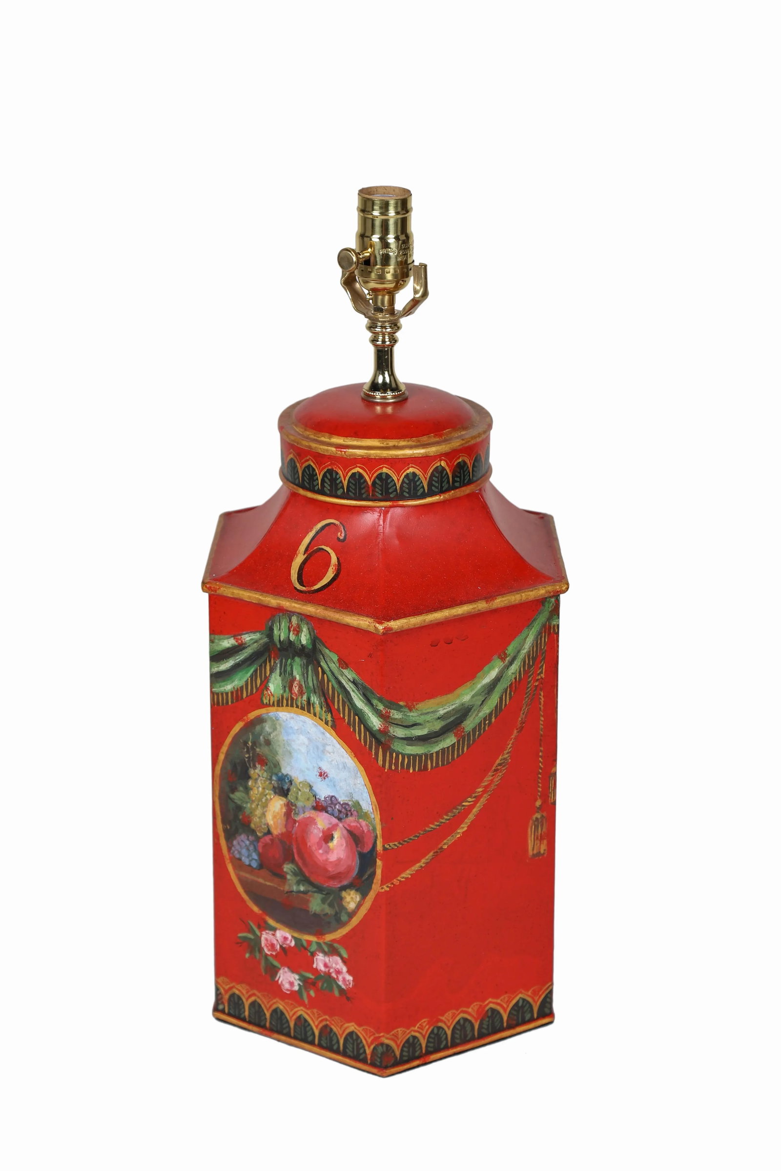 Vintage English Export Hand Painted Ribbon With Fruits Still Life Hexagon Tea Caddy Lamp - 4