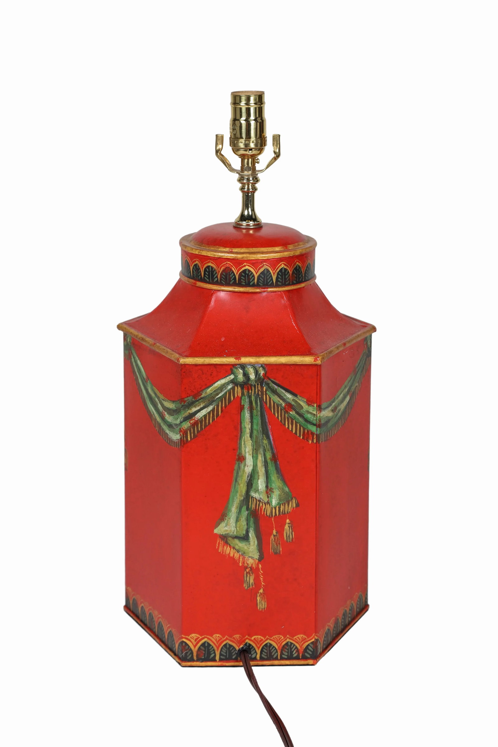 Vintage English Export Hand Painted Ribbon With Fruits Still Life Hexagon Tea Caddy Lamp - 5