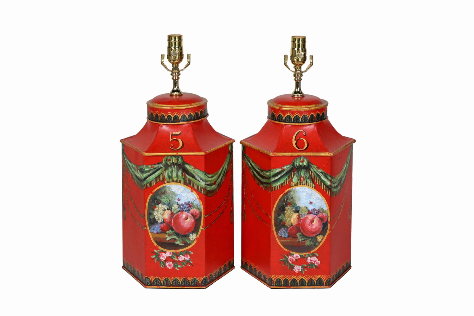 Vintage English Export Hand Painted Ribbon With Fruits Still Life Hexagon Tea Caddy Lamp - 6