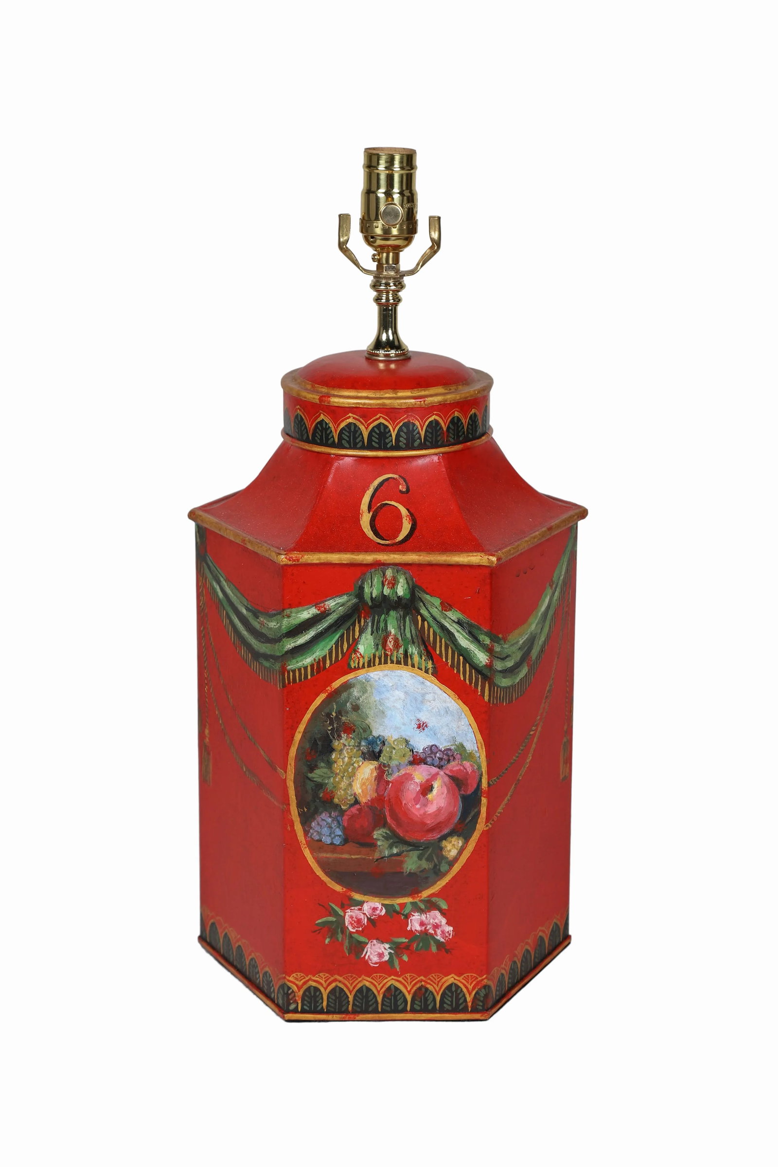 Vintage English Export Hand Painted Ribbon With Fruits Still Life Hexagon Tea Caddy Lamp - 7