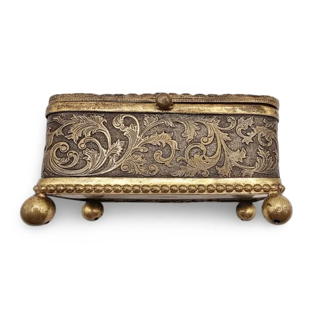 Antique French Ormolu Glass Jewelry Box With Original Tufted Coral Silk Interior - 3