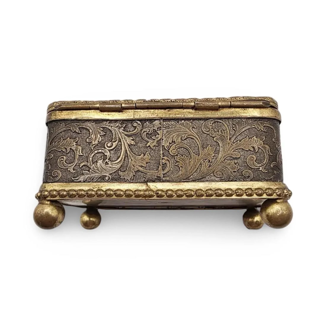 Antique French Ormolu Glass Jewelry Box With Original Tufted Coral Silk Interior - 4
