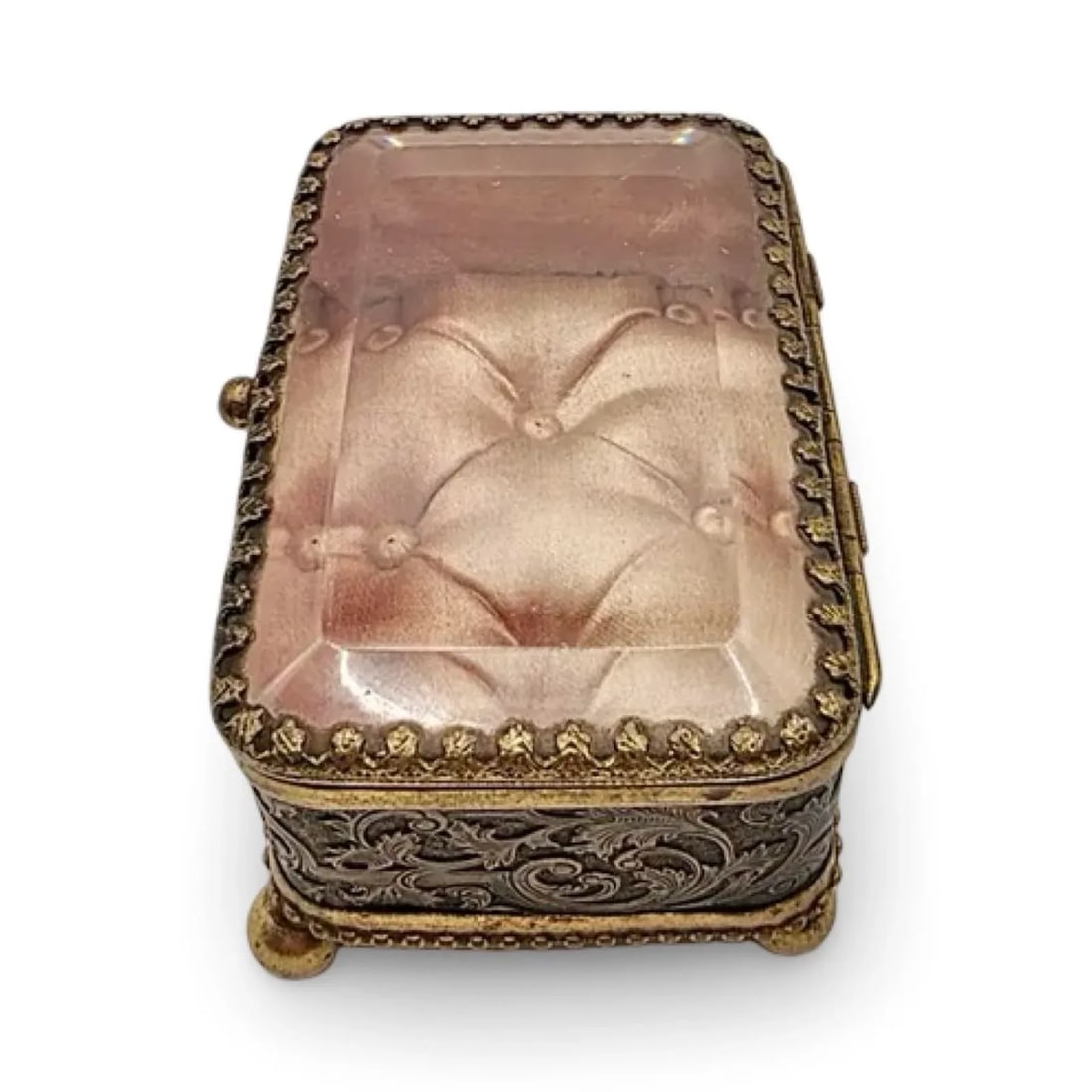 Antique French Ormolu Glass Jewelry Box With Original Tufted Coral Silk Interior - 6