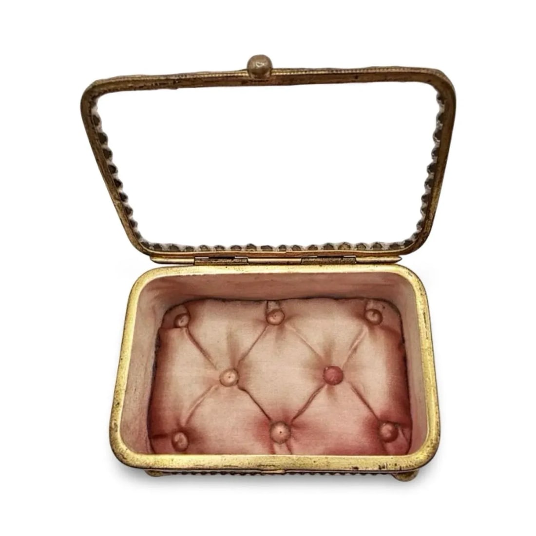 Antique French Ormolu Glass Jewelry Box With Original Tufted Coral Silk Interior - 9