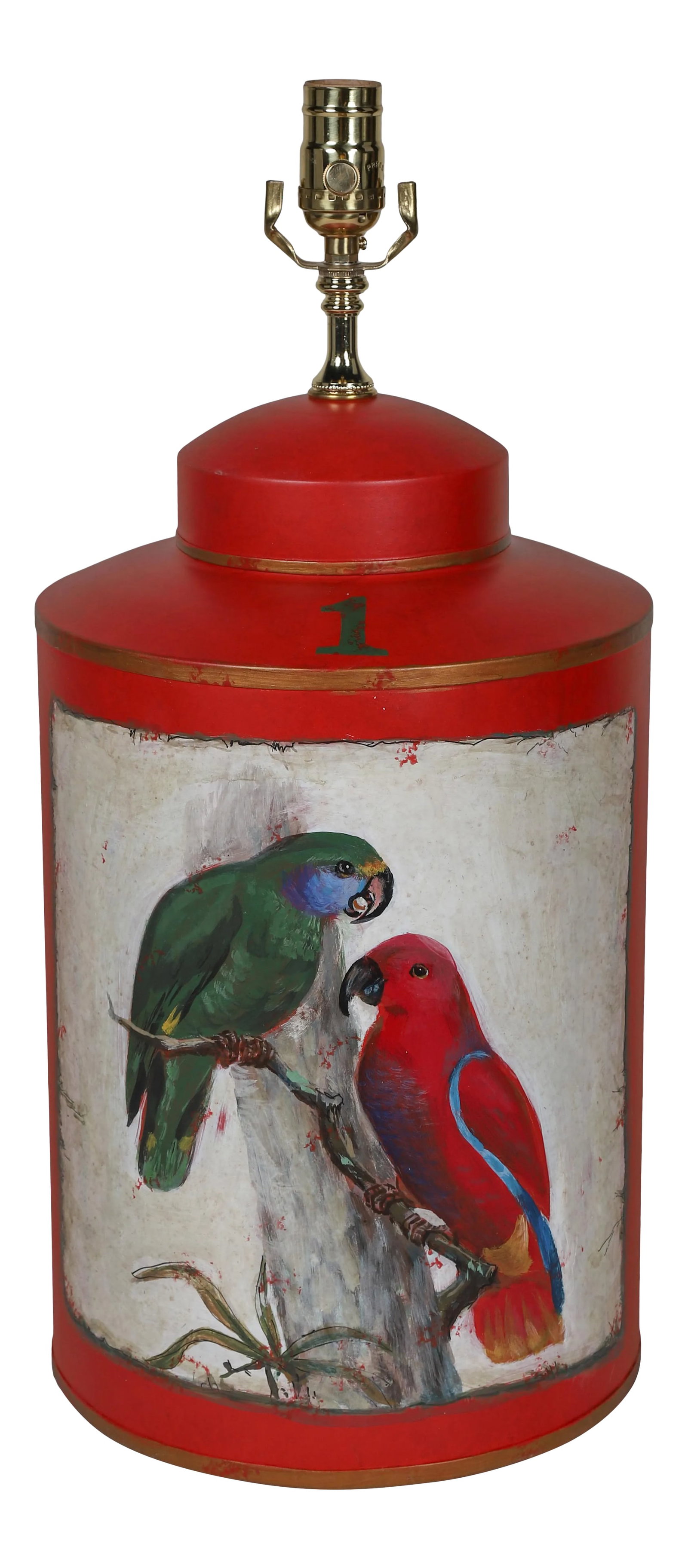 Vintage English Export Hand Painted Tea Caddy Lamp: The artist hand-painted a pair of colorful parrots perching on a tree. People love these beautiful birds, issue stamps for them, establish websites, and even use them as a symbol of wisdom. Parrots