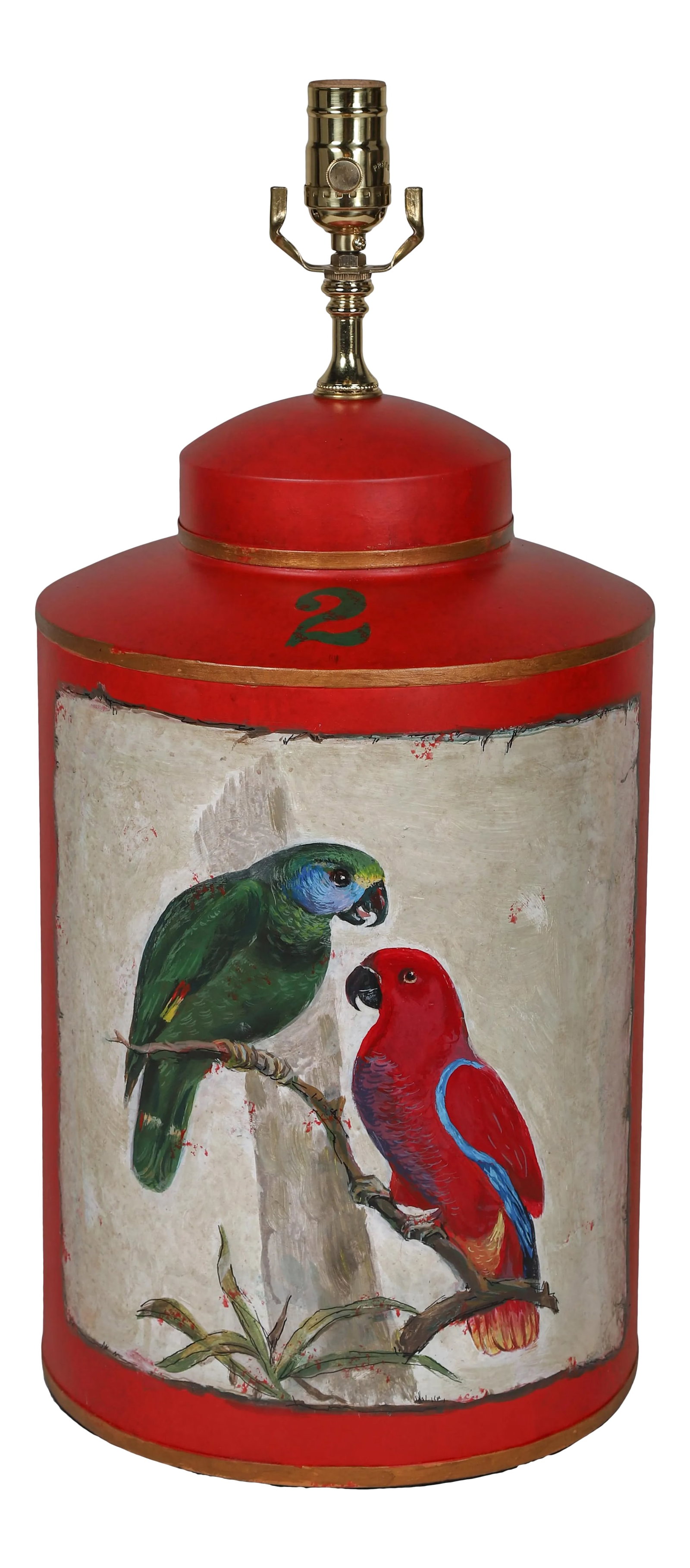 Vintage English Export Hand Painted Tea Caddy Lamp: The artist hand-painted a pair of colorful parrots perching on a tree. People love these beautiful birds, issue stamps for them, establish websites, and even use them as a symbol of wisdom. Parrots ar
