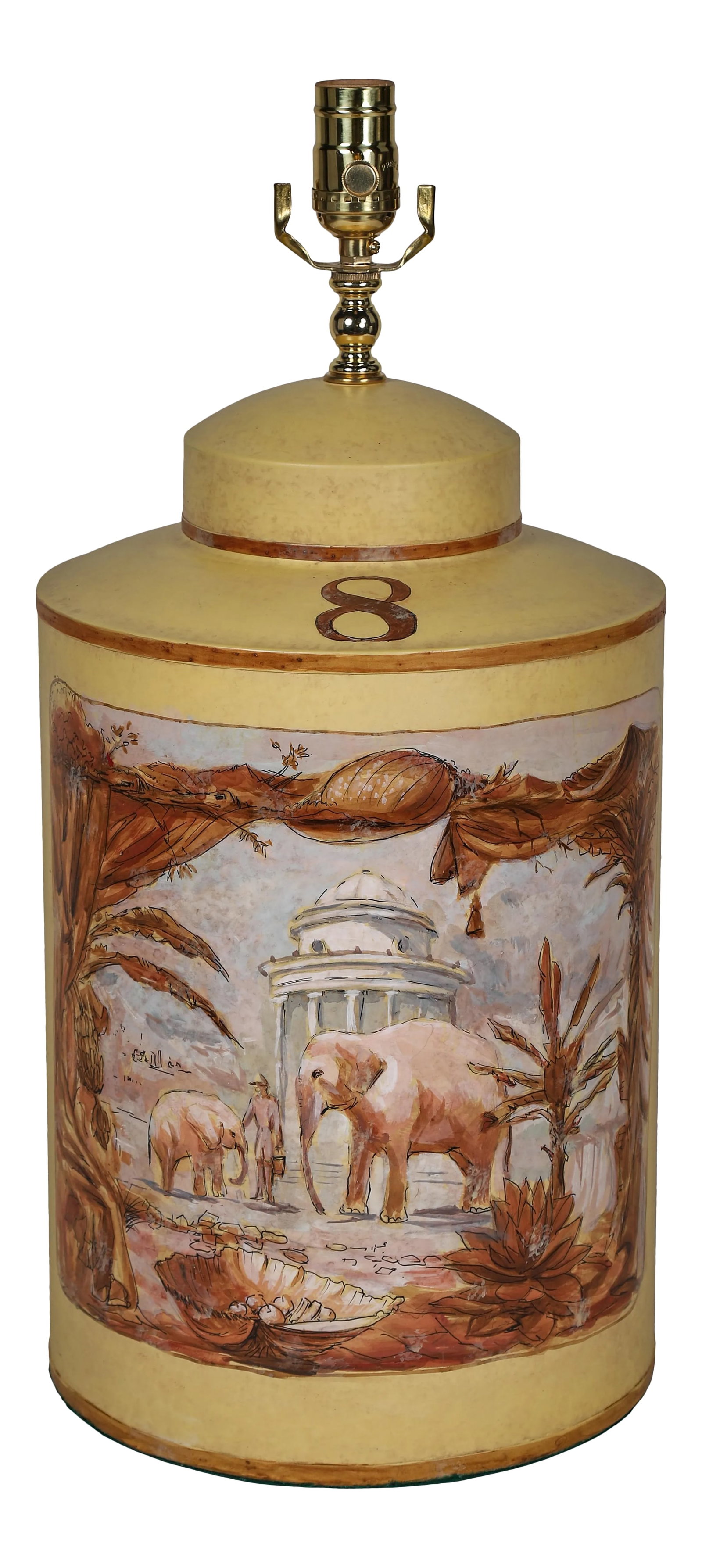 Vintage English Export Hand Painted Tea Caddy Lamp Elephants With Building: This hand-painted work comes fromGraham Rust The elephant grotto (sketch for mural) , 1975.Using the same color system to draw a powerful picture with extraordinary decorative effects. If you own it,