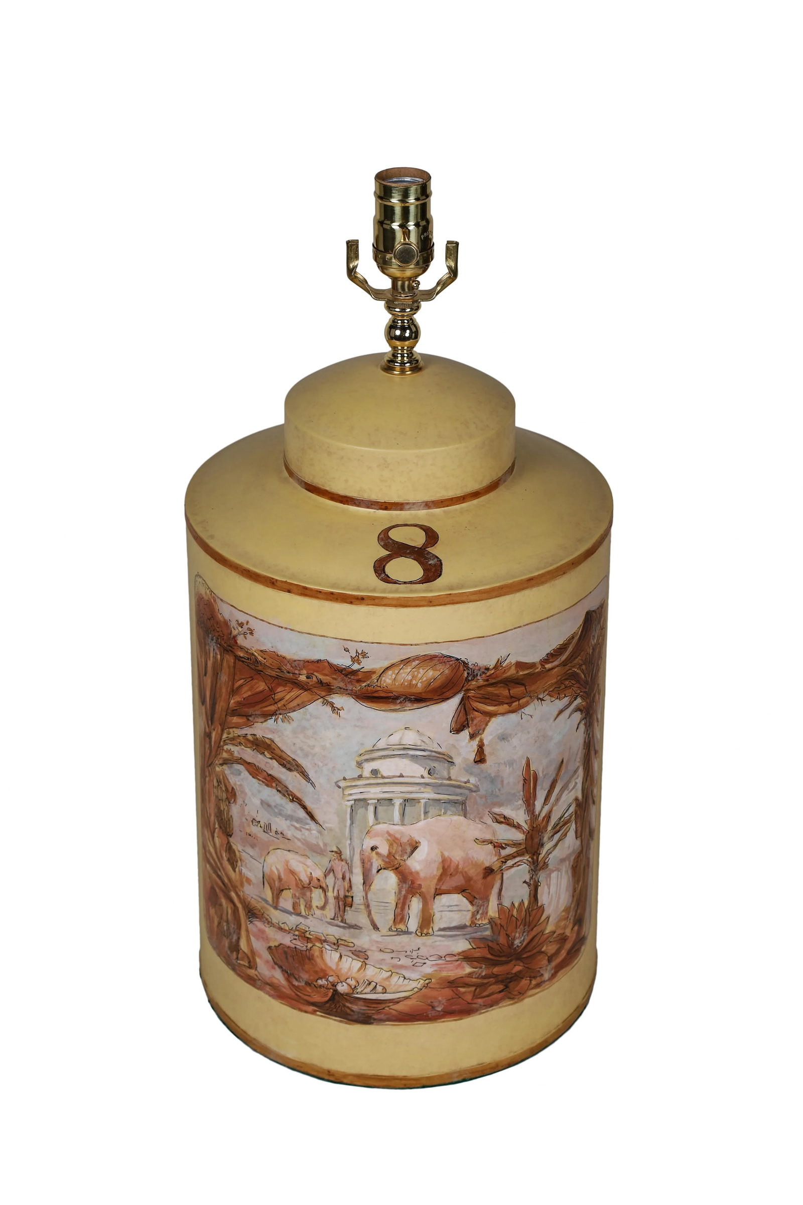 Vintage English Export Hand Painted Tea Caddy Lamp Elephants With Building - 2