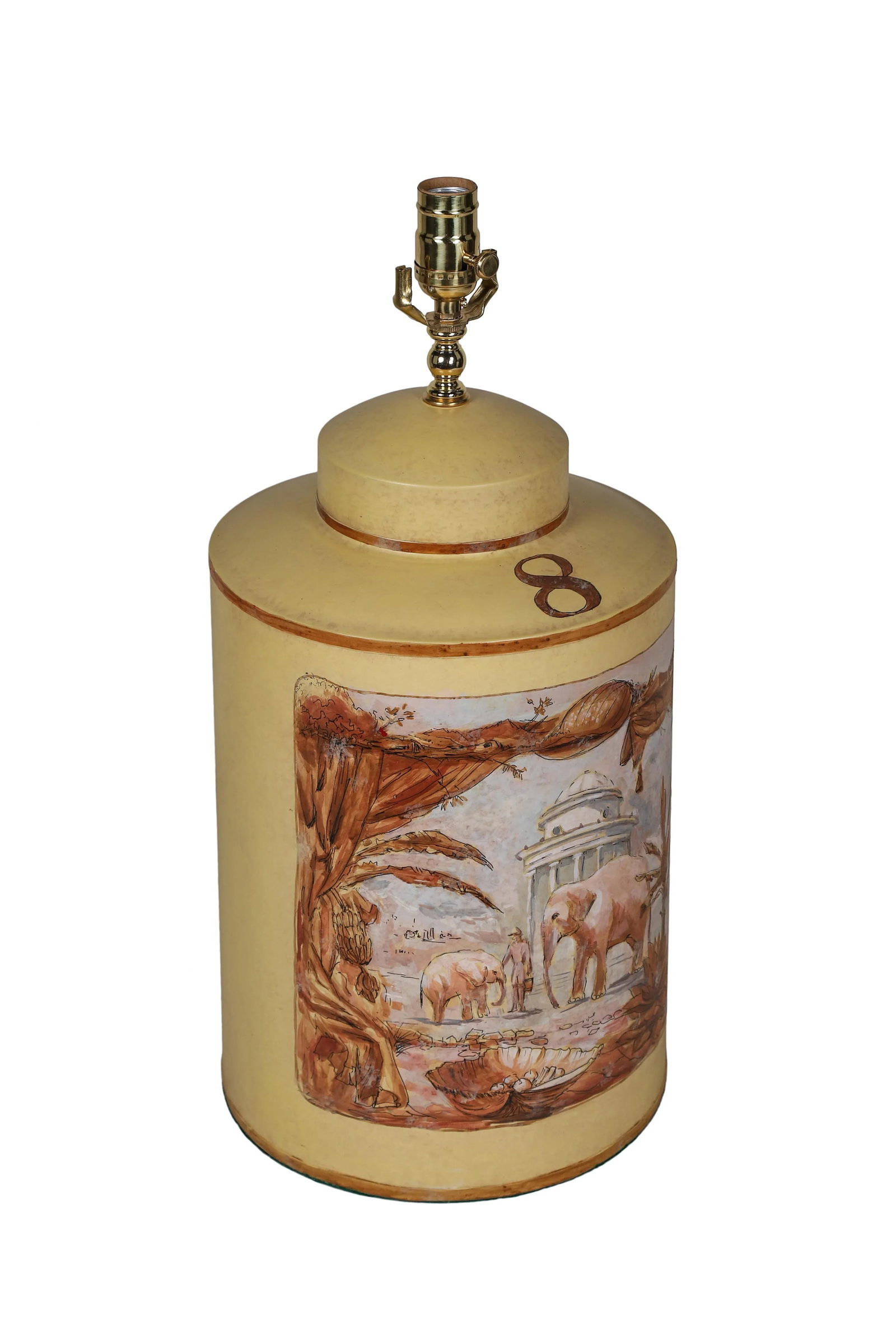 Vintage English Export Hand Painted Tea Caddy Lamp Elephants With Building - 3