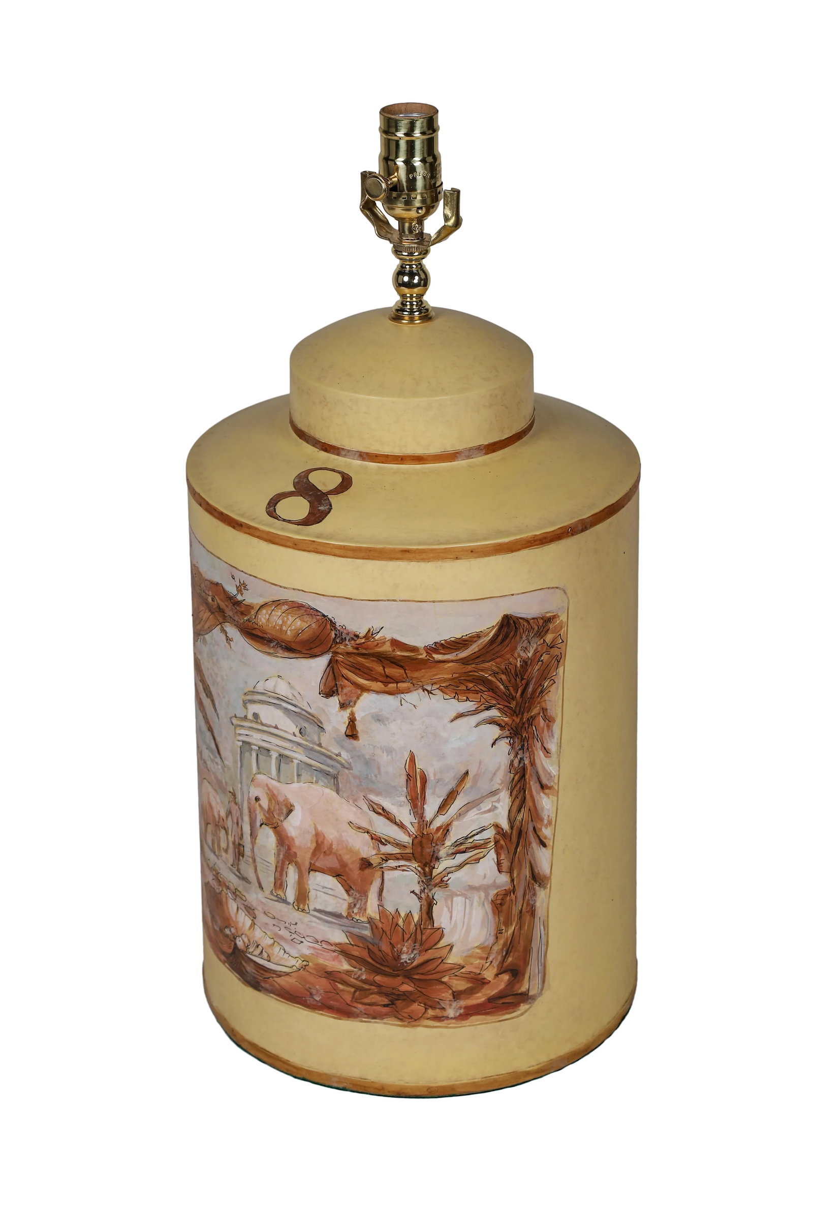 Vintage English Export Hand Painted Tea Caddy Lamp Elephants With Building - 4
