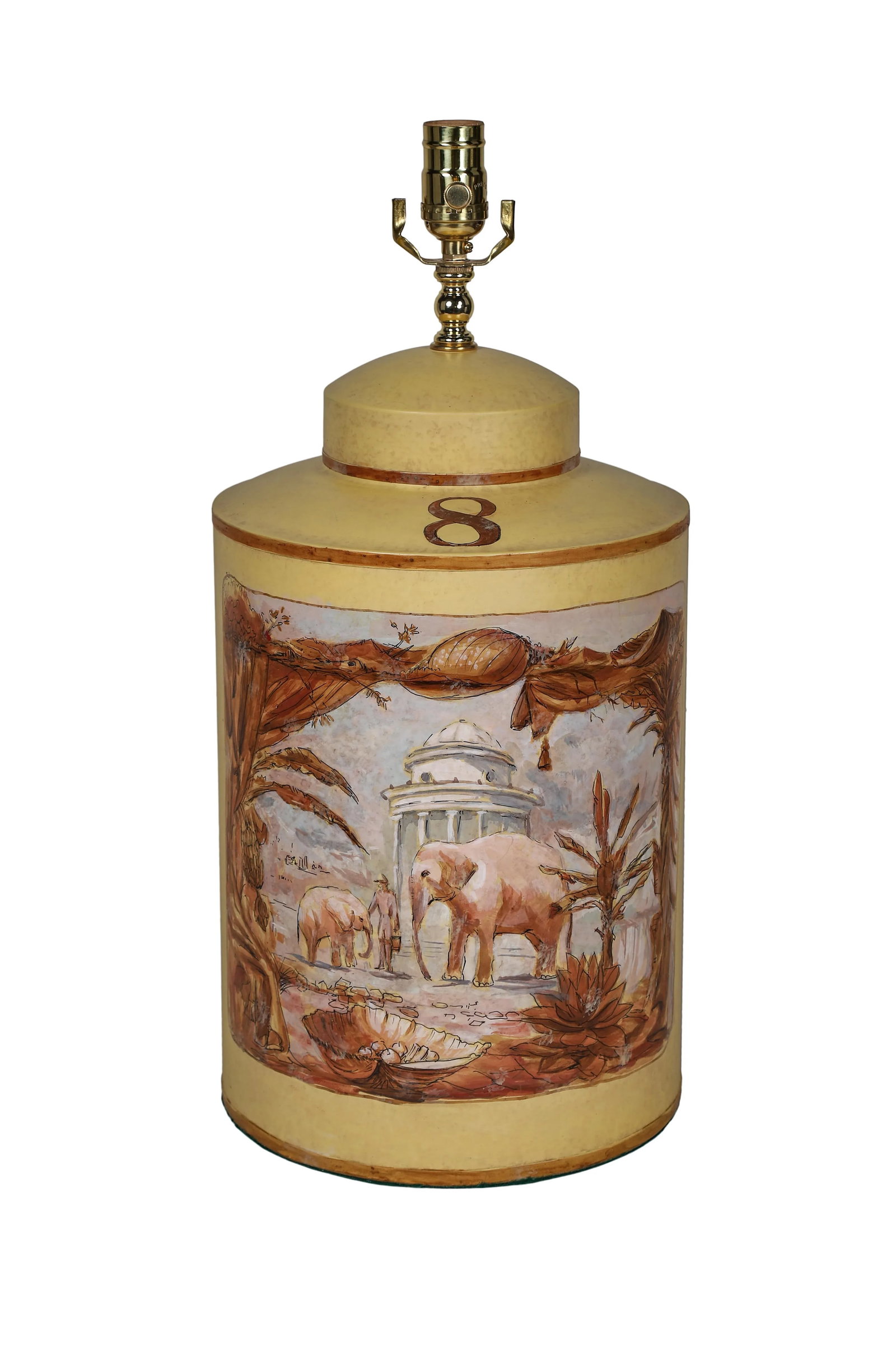 Vintage English Export Hand Painted Tea Caddy Lamp Elephants With Building - 6