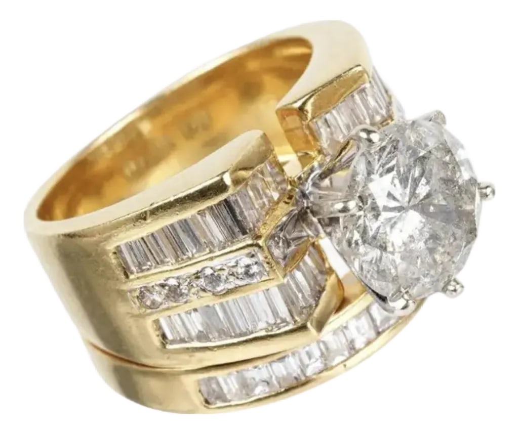 18k Yellow Gold With 5.91 CTW Diamonds Bridal Ring Set: Stunning 18k yellow gold with 5.91 ctw diamond bridal set, size 6.5, that includes: 1) Engagement ring prong set center diamond, approx. 3.15cts, I2 clarity, J in color. 36 channel set baguette