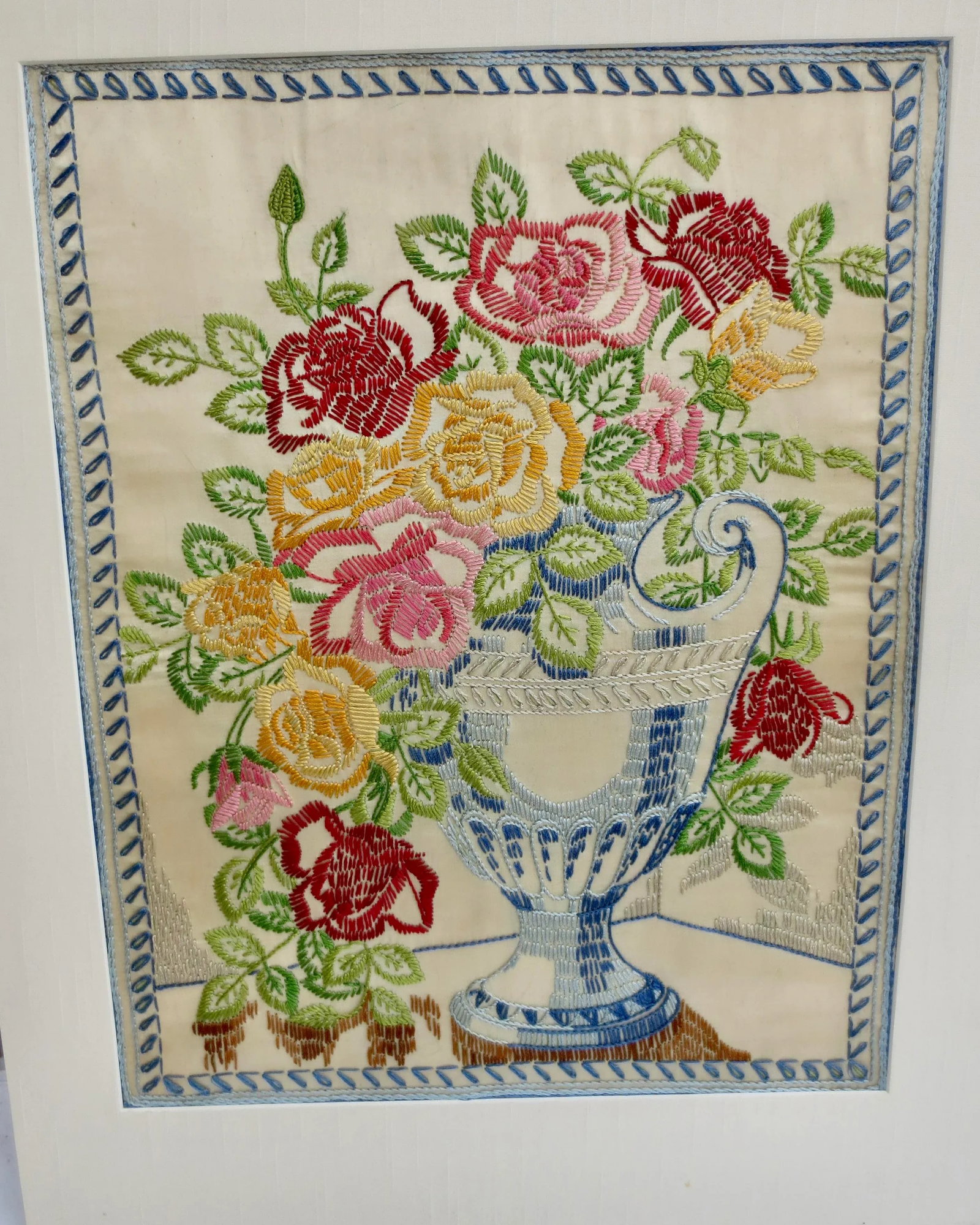 Mid-Century Flower Crewel Needlework Image Framed - 2