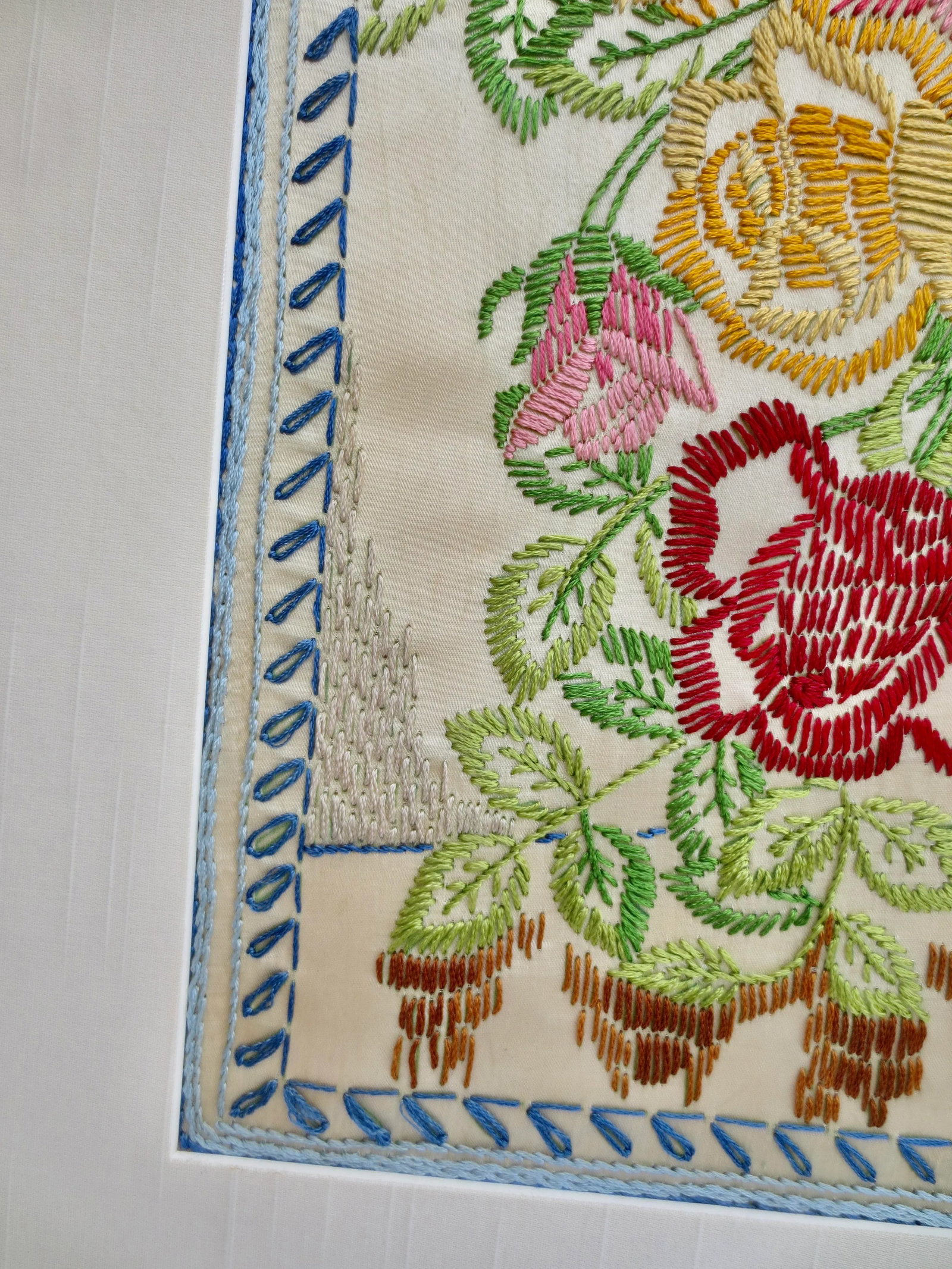Mid-Century Flower Crewel Needlework Image Framed - 4