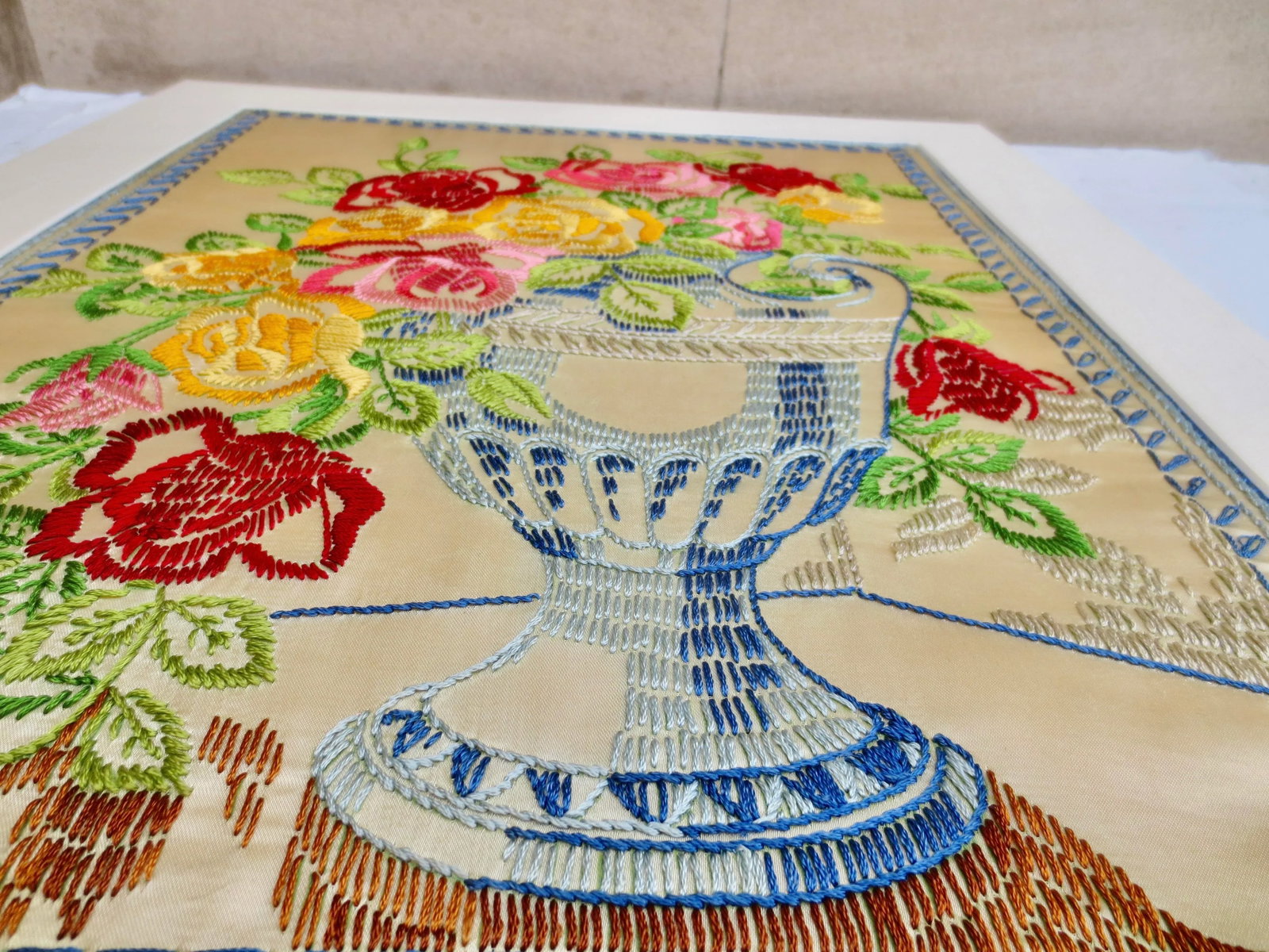 Mid-Century Flower Crewel Needlework Image Framed - 8