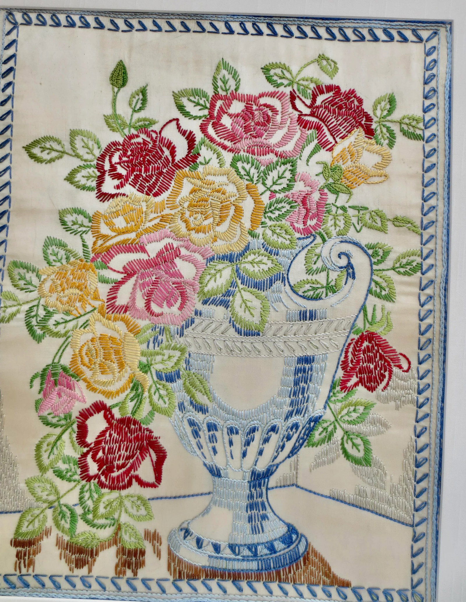 Mid-Century Flower Crewel Needlework Image Framed - 9